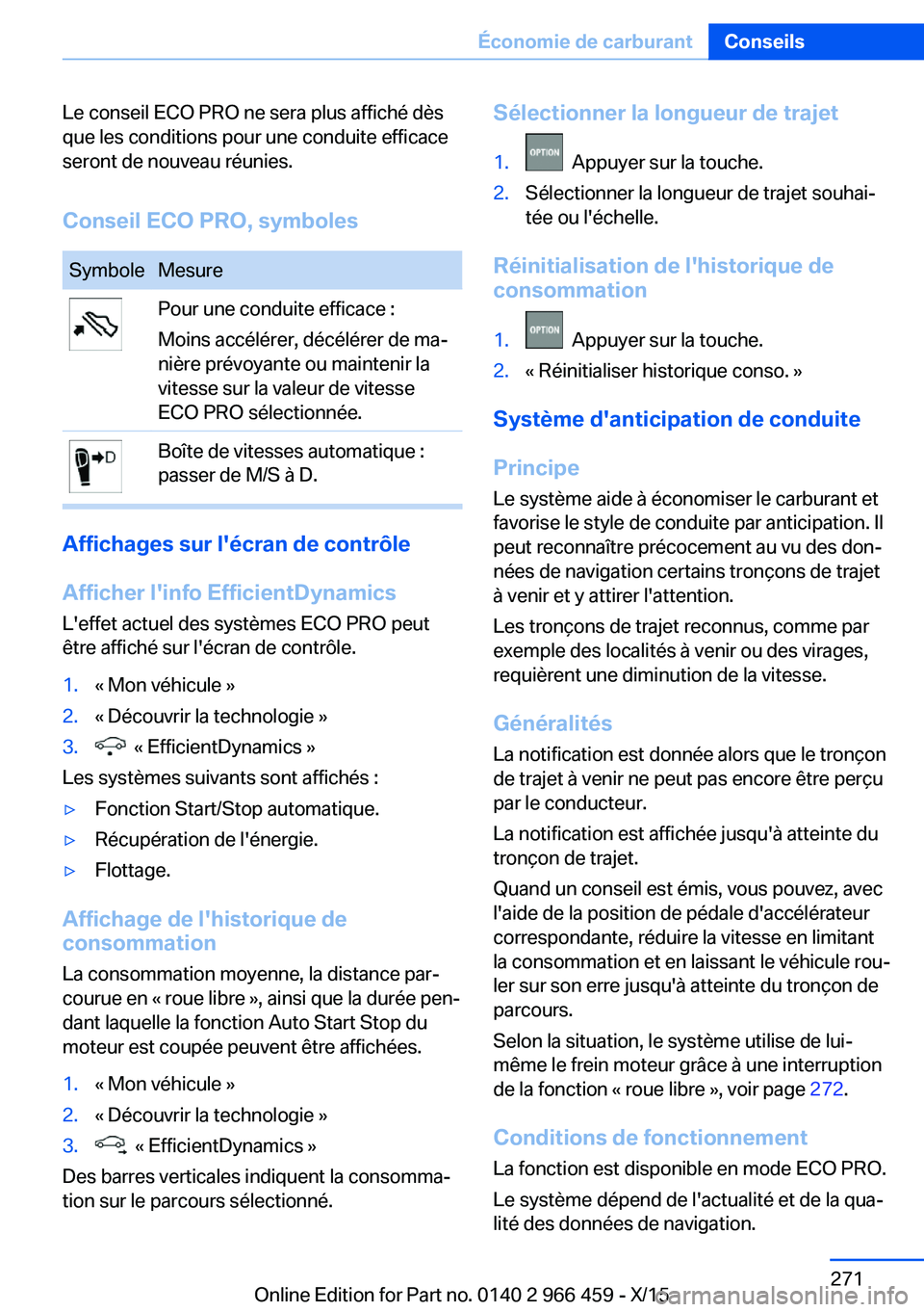BMW 7 SERIES 2016  Notices Demploi (in French) Le conseil ECO PRO ne sera plus affiché dès
que les conditions pour une conduite efficace
seront de nouveau réunies.
Conseil ECO PRO, symbolesSymboleMesurePour une conduite efficace :
Moins accél