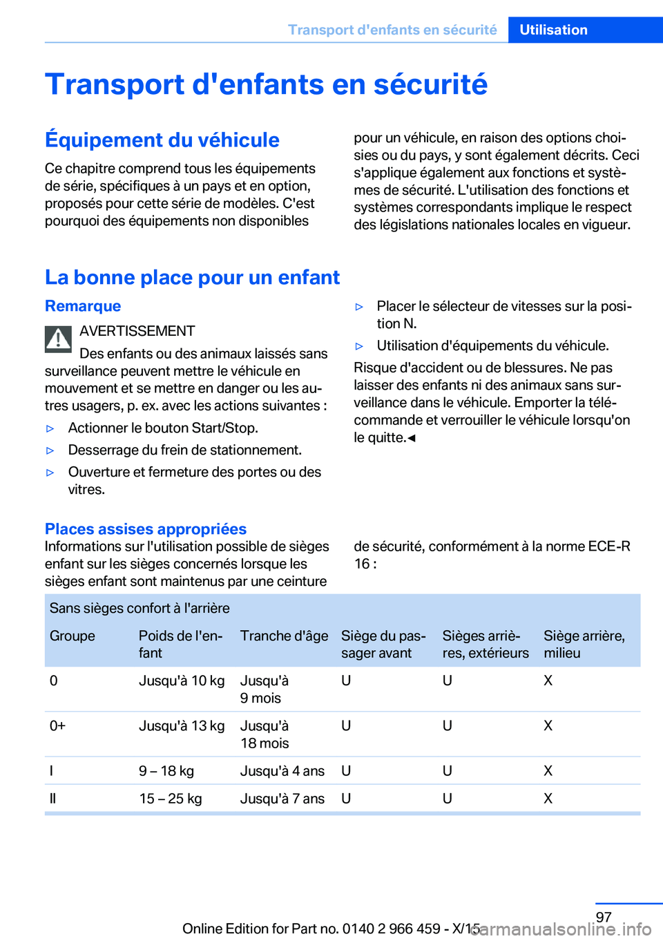 BMW 7 SERIES 2016 Notices Demploi (in French) Transport d'enfants en sécuritéÉquipement du véhiculeCe chapitre comprend tous les équipements
de série, spécifiques à un pays et en option,
proposés pour cette série de modèles. C' BMW 7 SERIES 2016 Notices Demploi (in French) Transport d'enfants en sécuritéÉquipement du véhiculeCe chapitre comprend tous les équipements
de série, spécifiques à un pays et en option,
proposés pour cette série de modèles. C'