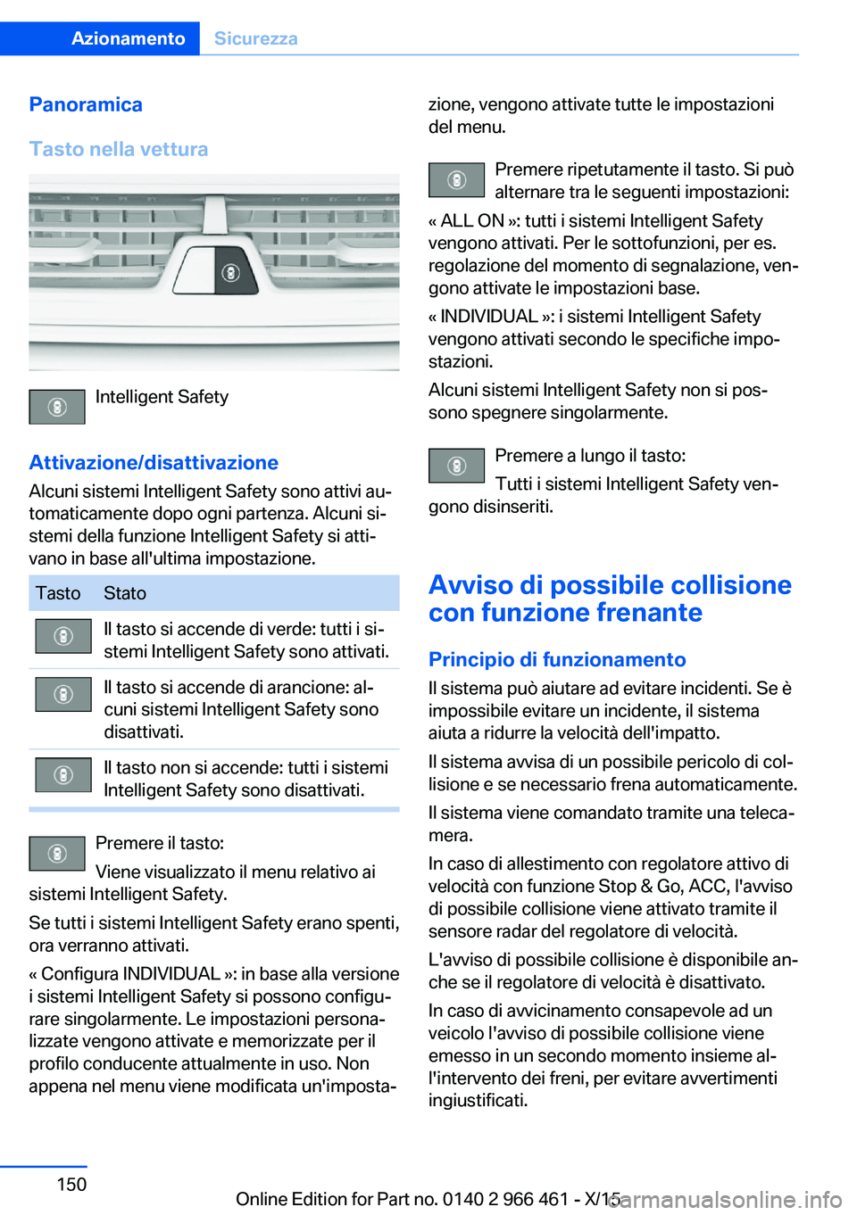 BMW 7 SERIES 2016 Libretti Di Uso E manutenzione (in Italian) Panoramica
Tasto nella vettura
Intelligent Safety
Attivazione/disattivazione Alcuni sistemi Intelligent Safety sono attivi au‐
tomaticamente dopo ogni partenza. Alcuni si‐
stemi della funzione Int BMW 7 SERIES 2016 Libretti Di Uso E manutenzione (in Italian) Panoramica
Tasto nella vettura
Intelligent Safety
Attivazione/disattivazione Alcuni sistemi Intelligent Safety sono attivi au‐
tomaticamente dopo ogni partenza. Alcuni si‐
stemi della funzione Int