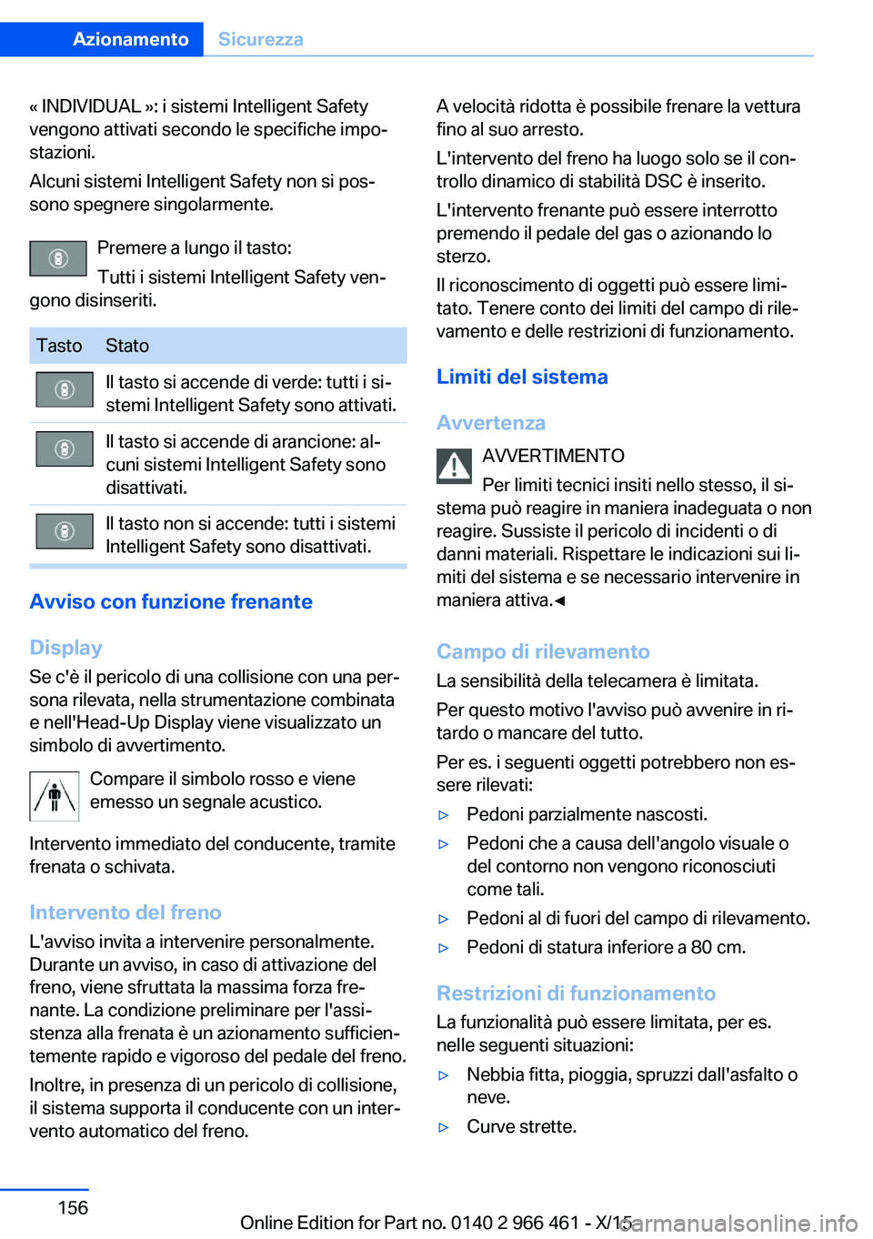 BMW 7 SERIES 2016 Libretti Di Uso E manutenzione (in Italian) « INDIVIDUAL »: i sistemi Intelligent Safety
vengono attivati secondo le specifiche impo‐
stazioni.
Alcuni sistemi Intelligent Safety non si pos‐
sono spegnere singolarmente.
Premere a lungo il BMW 7 SERIES 2016 Libretti Di Uso E manutenzione (in Italian) « INDIVIDUAL »: i sistemi Intelligent Safety
vengono attivati secondo le specifiche impo‐
stazioni.
Alcuni sistemi Intelligent Safety non si pos‐
sono spegnere singolarmente.
Premere a lungo il