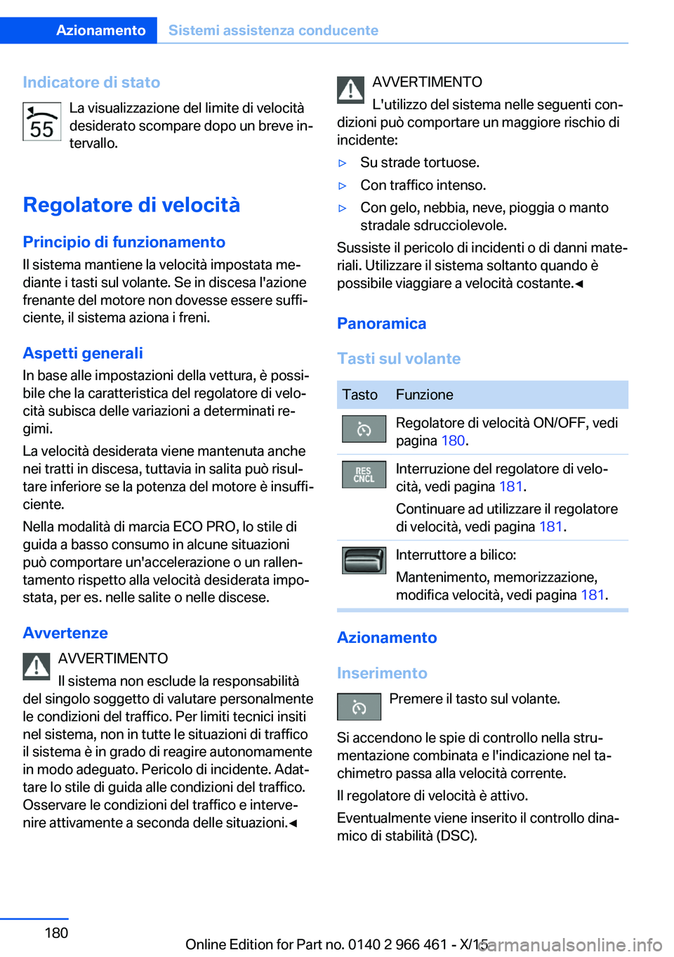 BMW 7 SERIES 2016 Libretti Di Uso E manutenzione (in Italian) Indicatore di statoLa visualizzazione del limite di velocità
desiderato scompare dopo un breve in‐
tervallo.
Regolatore di velocità
Principio di funzionamento
Il sistema mantiene la velocità impo BMW 7 SERIES 2016 Libretti Di Uso E manutenzione (in Italian) Indicatore di statoLa visualizzazione del limite di velocità
desiderato scompare dopo un breve in‐
tervallo.
Regolatore di velocità
Principio di funzionamento
Il sistema mantiene la velocità impo