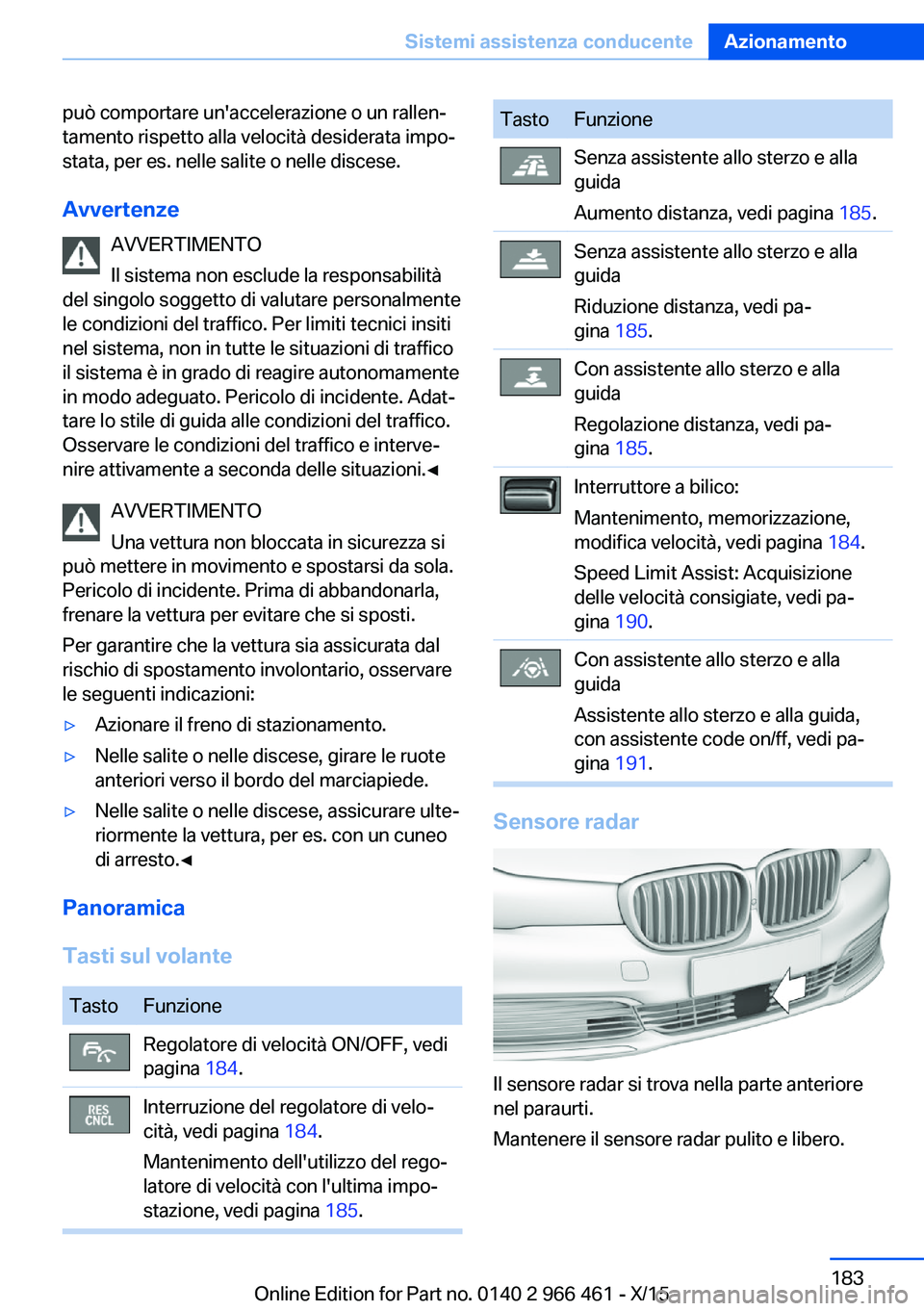 BMW 7 SERIES 2016 Libretti Di Uso E manutenzione (in Italian) può comportare un'accelerazione o un rallen‐
tamento rispetto alla velocità desiderata impo‐
stata, per es. nelle salite o nelle discese.
Avvertenze AVVERTIMENTO
Il sistema non esclude la re BMW 7 SERIES 2016 Libretti Di Uso E manutenzione (in Italian) può comportare un'accelerazione o un rallen‐
tamento rispetto alla velocità desiderata impo‐
stata, per es. nelle salite o nelle discese.
Avvertenze AVVERTIMENTO
Il sistema non esclude la re