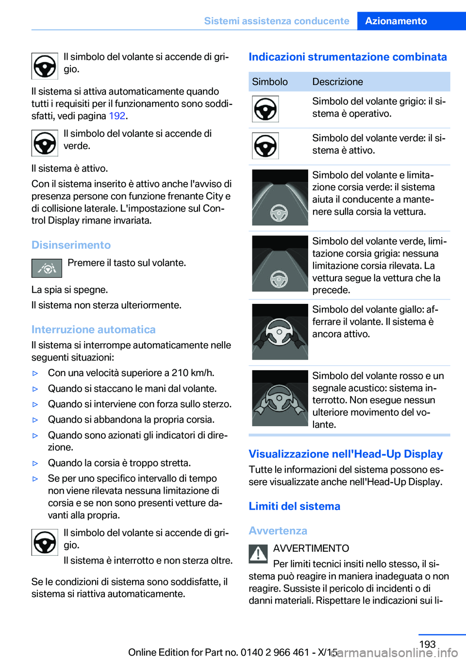 BMW 7 SERIES 2016 Libretti Di Uso E manutenzione (in Italian) Il simbolo del volante si accende di gri‐
gio.
Il sistema si attiva automaticamente quando
tutti i requisiti per il funzionamento sono soddi‐
sfatti, vedi pagina 192.
Il simbolo del volante si ac BMW 7 SERIES 2016 Libretti Di Uso E manutenzione (in Italian) Il simbolo del volante si accende di gri‐
gio.
Il sistema si attiva automaticamente quando
tutti i requisiti per il funzionamento sono soddi‐
sfatti, vedi pagina 192.
Il simbolo del volante si ac