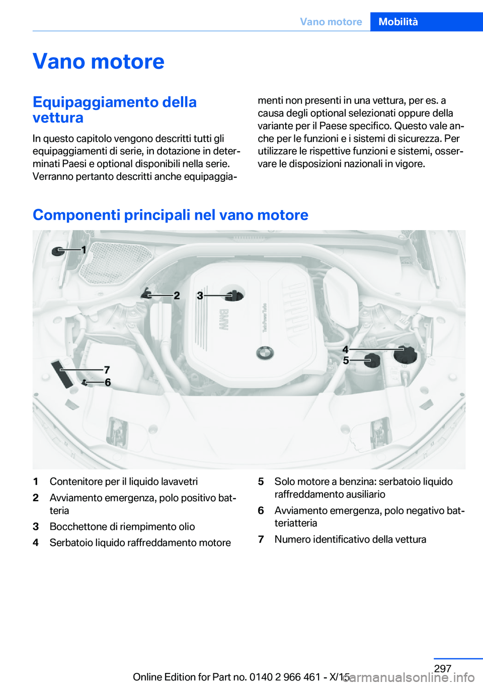 BMW 7 SERIES 2016 Libretti Di Uso E manutenzione (in Italian) Vano motoreEquipaggiamento della
vettura
In questo capitolo vengono descritti tutti gli
equipaggiamenti di serie, in dotazione in deter‐
minati Paesi e optional disponibili nella serie.
Verranno per BMW 7 SERIES 2016 Libretti Di Uso E manutenzione (in Italian) Vano motoreEquipaggiamento della
vettura
In questo capitolo vengono descritti tutti gli
equipaggiamenti di serie, in dotazione in deter‐
minati Paesi e optional disponibili nella serie.
Verranno per