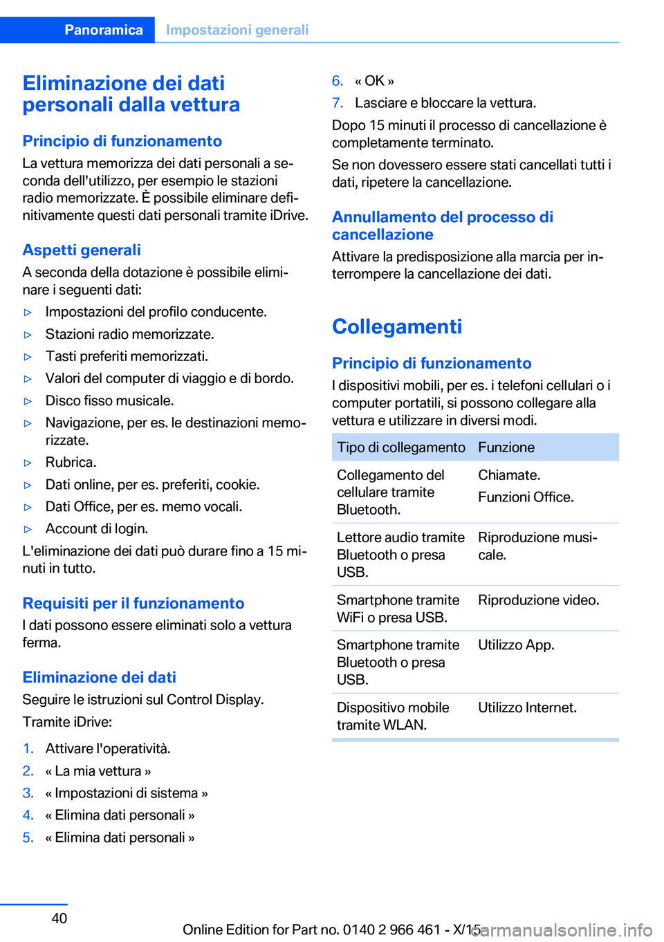 BMW 7 SERIES 2016 Libretti Di Uso E manutenzione (in Italian) Eliminazione dei dati
personali dalla vettura
Principio di funzionamento
La vettura memorizza dei dati personali a se‐
conda dell'utilizzo, per esempio le stazioni
radio memorizzate. È possibil BMW 7 SERIES 2016 Libretti Di Uso E manutenzione (in Italian) Eliminazione dei dati
personali dalla vettura
Principio di funzionamento
La vettura memorizza dei dati personali a se‐
conda dell'utilizzo, per esempio le stazioni
radio memorizzate. È possibil