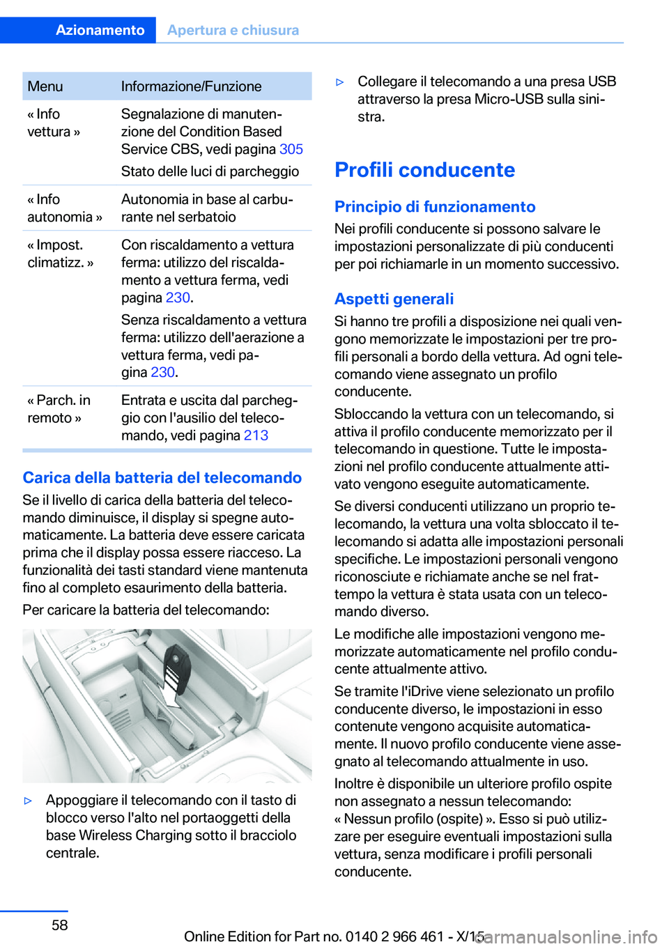 BMW 7 SERIES 2016  Libretti Di Uso E manutenzione (in Italian) MenuInformazione/Funzione« Info
vettura »Segnalazione di manuten‐
zione del Condition Based
Service CBS, vedi pagina  305
Stato delle luci di parcheggio« Info
autonomia »Autonomia in base al car