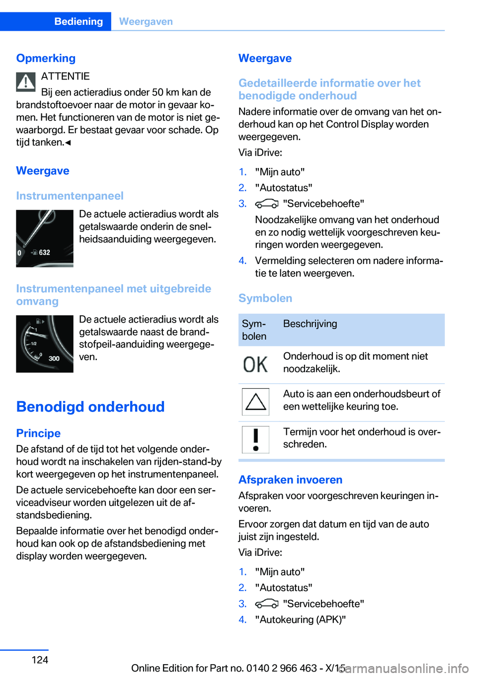 BMW 7 SERIES 2016  Instructieboekjes (in Dutch) OpmerkingATTENTIE
Bij een actieradius onder 50 km kan de
brandstoftoevoer naar de motor in gevaar ko‐
men. Het functioneren van de motor is niet ge‐
waarborgd. Er bestaat gevaar voor schade. Op
ti