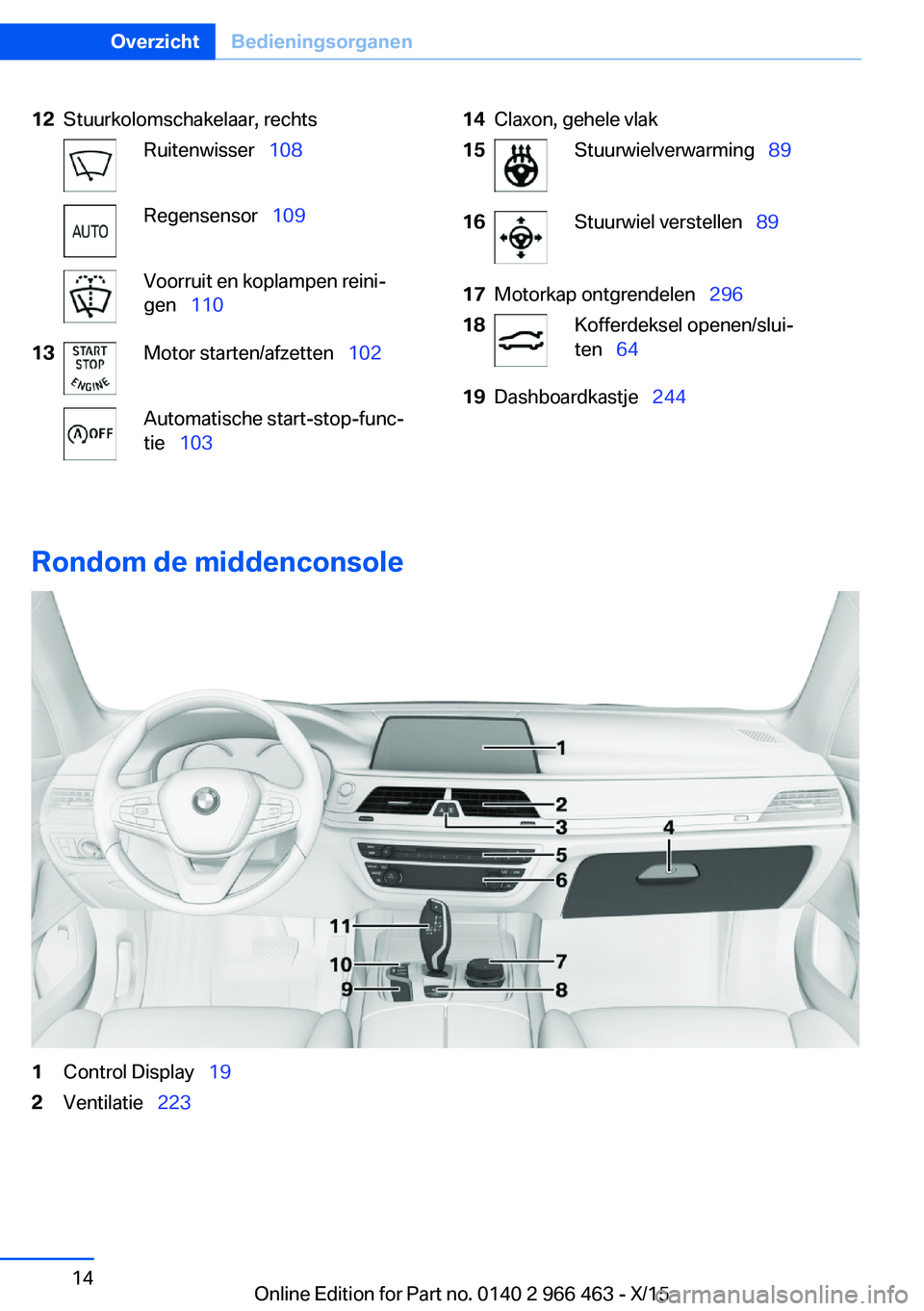 BMW 7 SERIES 2016 Instructieboekjes (in Dutch) 12Stuurkolomschakelaar, rechtsRuitenwisser 108Regensensor 109Voorruit en koplampen reini‐
gen 11013Motor starten/afzetten 102Automatische start-stop-func‐
tie 10314Cla BMW 7 SERIES 2016 Instructieboekjes (in Dutch) 12Stuurkolomschakelaar, rechtsRuitenwisser 108Regensensor 109Voorruit en koplampen reini‐
gen 11013Motor starten/afzetten 102Automatische start-stop-func‐
tie 10314Cla