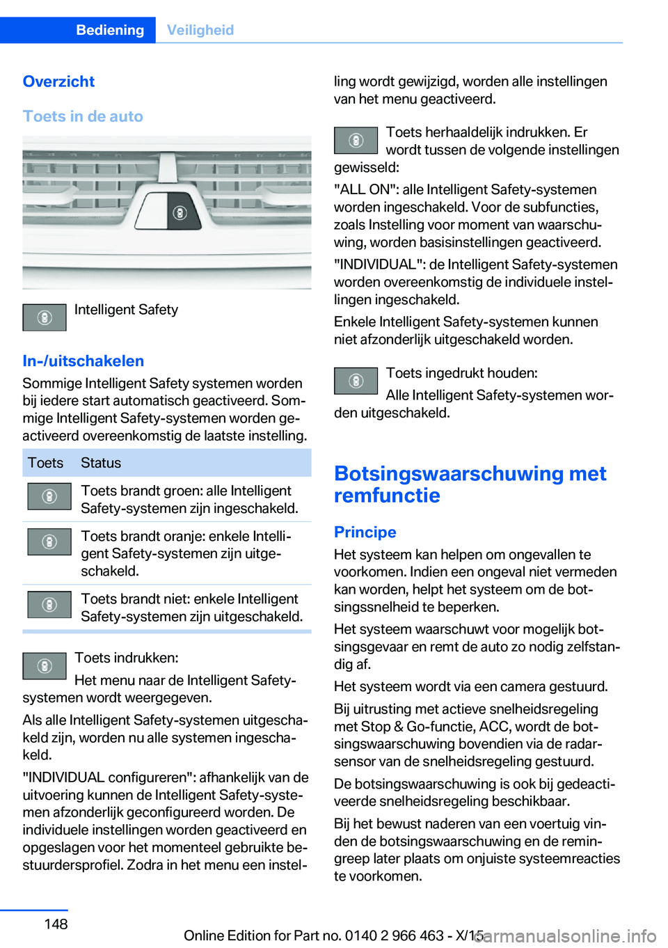 BMW 7 SERIES 2016 Instructieboekjes (in Dutch) Overzicht
Toets in de auto
Intelligent Safety
In-/uitschakelen
Sommige Intelligent Safety systemen worden
bij iedere start automatisch geactiveerd. Som‐
mige Intelligent Safety-systemen worden ge‐ BMW 7 SERIES 2016 Instructieboekjes (in Dutch) Overzicht
Toets in de auto
Intelligent Safety
In-/uitschakelen
Sommige Intelligent Safety systemen worden
bij iedere start automatisch geactiveerd. Som‐
mige Intelligent Safety-systemen worden ge‐