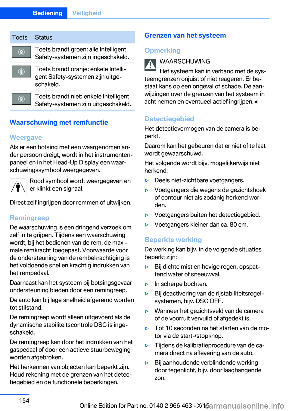 BMW 7 SERIES 2016  Instructieboekjes (in Dutch) ToetsStatusToets brandt groen: alle Intelligent
Safety-systemen zijn ingeschakeld.Toets brandt oranje: enkele Intelli‐
gent Safety-systemen zijn uitge‐
schakeld.Toets brandt niet: enkele Intellige