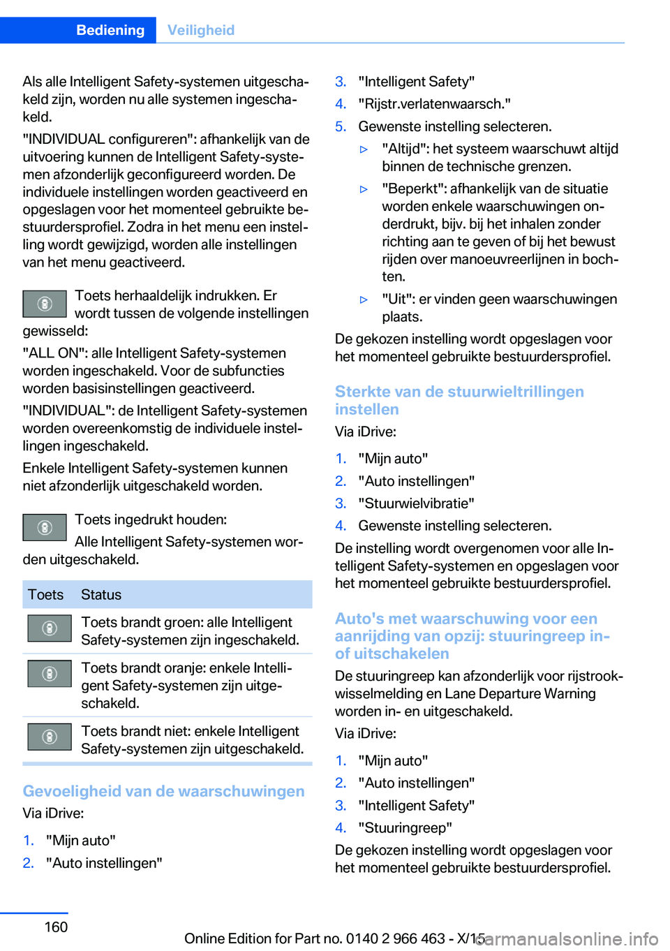 BMW 7 SERIES 2016  Instructieboekjes (in Dutch) Als alle Intelligent Safety-systemen uitgescha‐
keld zijn, worden nu alle systemen ingescha‐
keld.
"INDIVIDUAL configureren": afhankelijk van de
uitvoering kunnen de Intelligent Safety-sys