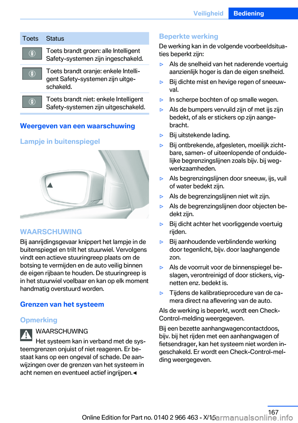 BMW 7 SERIES 2016 Instructieboekjes (in Dutch) ToetsStatusToets brandt groen: alle Intelligent
Safety-systemen zijn ingeschakeld.Toets brandt oranje: enkele Intelli‐
gent Safety-systemen zijn uitge‐
schakeld.Toets brandt niet: enkele Intellige BMW 7 SERIES 2016 Instructieboekjes (in Dutch) ToetsStatusToets brandt groen: alle Intelligent
Safety-systemen zijn ingeschakeld.Toets brandt oranje: enkele Intelli‐
gent Safety-systemen zijn uitge‐
schakeld.Toets brandt niet: enkele Intellige