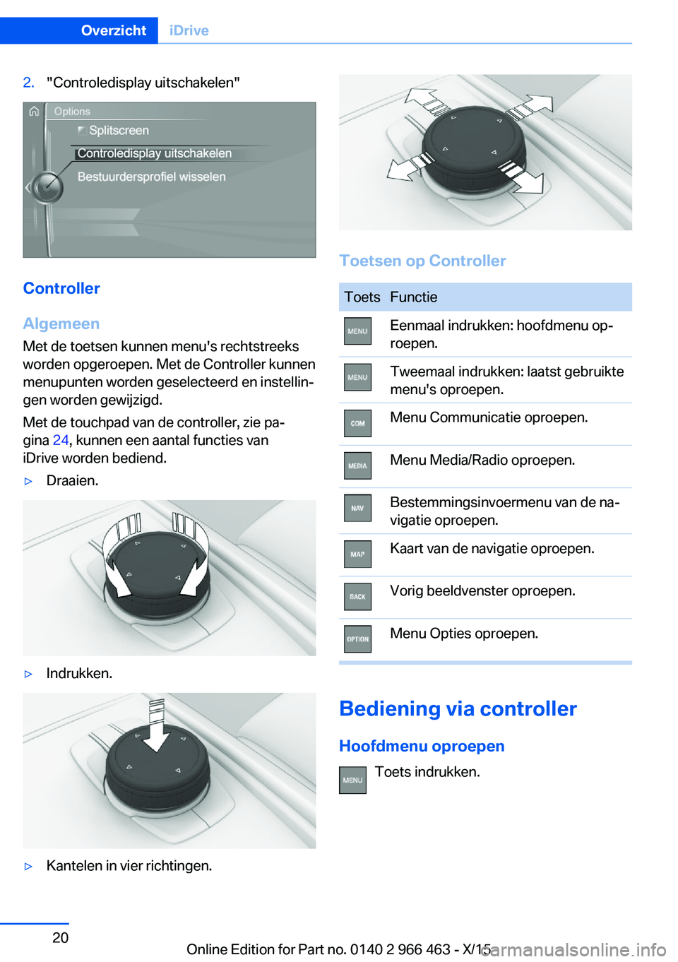 BMW 7 SERIES 2016  Instructieboekjes (in Dutch) 2."Controledisplay uitschakelen"
Controller
Algemeen
Met de toetsen kunnen menu's rechtstreeks
worden opgeroepen. Met de Controller kunnen
menupunten worden geselecteerd en instellin‐
ge