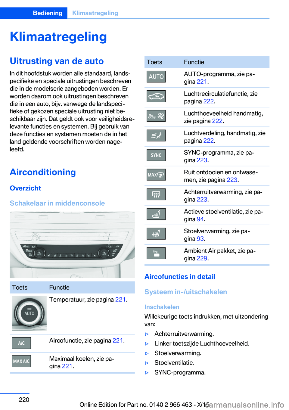 BMW 7 SERIES 2016 Instructieboekjes (in Dutch) KlimaatregelingUitrusting van de autoIn dit hoofdstuk worden alle standaard, lands‐
pecifieke en speciale uitrustingen beschreven
die in de modelserie aangeboden worden. Er
worden daarom ook uitrust BMW 7 SERIES 2016 Instructieboekjes (in Dutch) KlimaatregelingUitrusting van de autoIn dit hoofdstuk worden alle standaard, lands‐
pecifieke en speciale uitrustingen beschreven
die in de modelserie aangeboden worden. Er
worden daarom ook uitrust