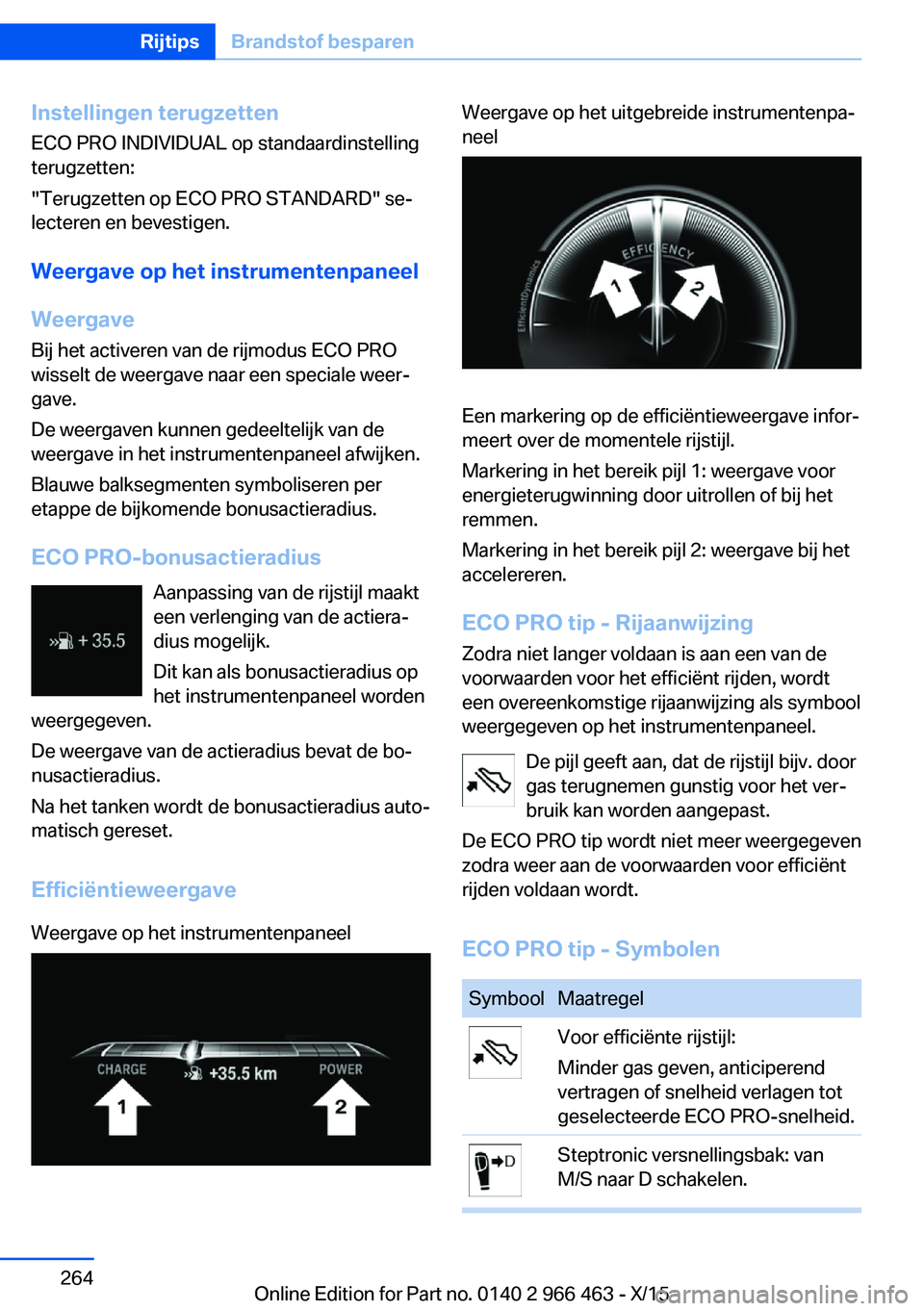BMW 7 SERIES 2016  Instructieboekjes (in Dutch) Instellingen terugzettenECO PRO INDIVIDUAL op standaardinstelling
terugzetten:
"Terugzetten op ECO PRO STANDARD" se‐
lecteren en bevestigen.
Weergave op het instrumentenpaneel
Weergave Bij h