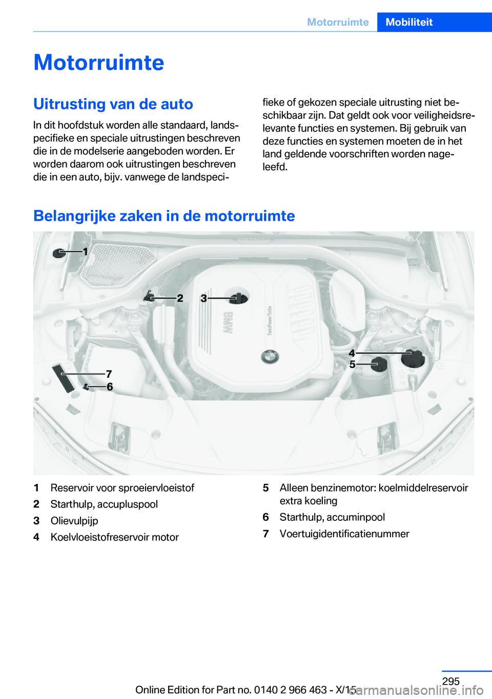 BMW 7 SERIES 2016  Instructieboekjes (in Dutch) MotorruimteUitrusting van de auto
In dit hoofdstuk worden alle standaard, lands‐
pecifieke en speciale uitrustingen beschreven
die in de modelserie aangeboden worden. Er
worden daarom ook uitrusting