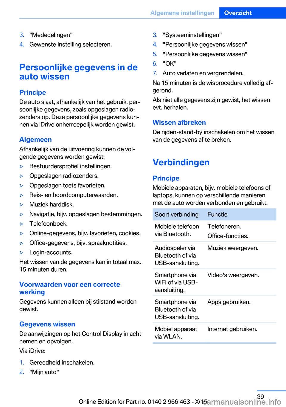 BMW 7 SERIES 2016 Instructieboekjes (in Dutch) 3."Mededelingen"4.Gewenste instelling selecteren.
Persoonlijke gegevens in de
auto wissen
Principe
De auto slaat, afhankelijk van het gebruik, per‐
soonlijke gegevens, zoals opgeslagen radio BMW 7 SERIES 2016 Instructieboekjes (in Dutch) 3."Mededelingen"4.Gewenste instelling selecteren.
Persoonlijke gegevens in de
auto wissen
Principe
De auto slaat, afhankelijk van het gebruik, per‐
soonlijke gegevens, zoals opgeslagen radio