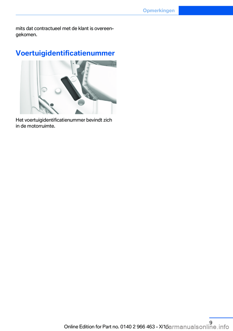 BMW 7 SERIES 2016 Instructieboekjes (in Dutch) mits dat contractueel met de klant is overeen‐
gekomen.
Voertuigidentificatienummer
Het voertuigidentificatienummer bevindt zich
in de motorruimte.
Seite 9Opmerkingen9
Online Edition for Part no. 01 BMW 7 SERIES 2016 Instructieboekjes (in Dutch) mits dat contractueel met de klant is overeen‐
gekomen.
Voertuigidentificatienummer
Het voertuigidentificatienummer bevindt zich
in de motorruimte.
Seite 9Opmerkingen9
Online Edition for Part no. 01