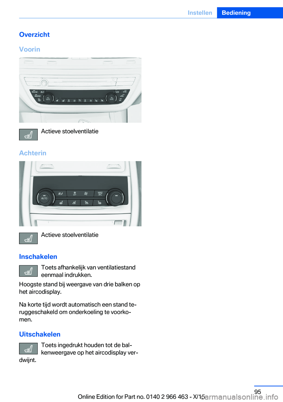 BMW 7 SERIES 2016  Instructieboekjes (in Dutch) Overzicht
Voorin
Actieve stoelventilatie
Achterin
Actieve stoelventilatie
Inschakelen Toets afhankelijk van ventilatiestand
eenmaal indrukken.
Hoogste stand bij weergave van drie balken op
het aircodi