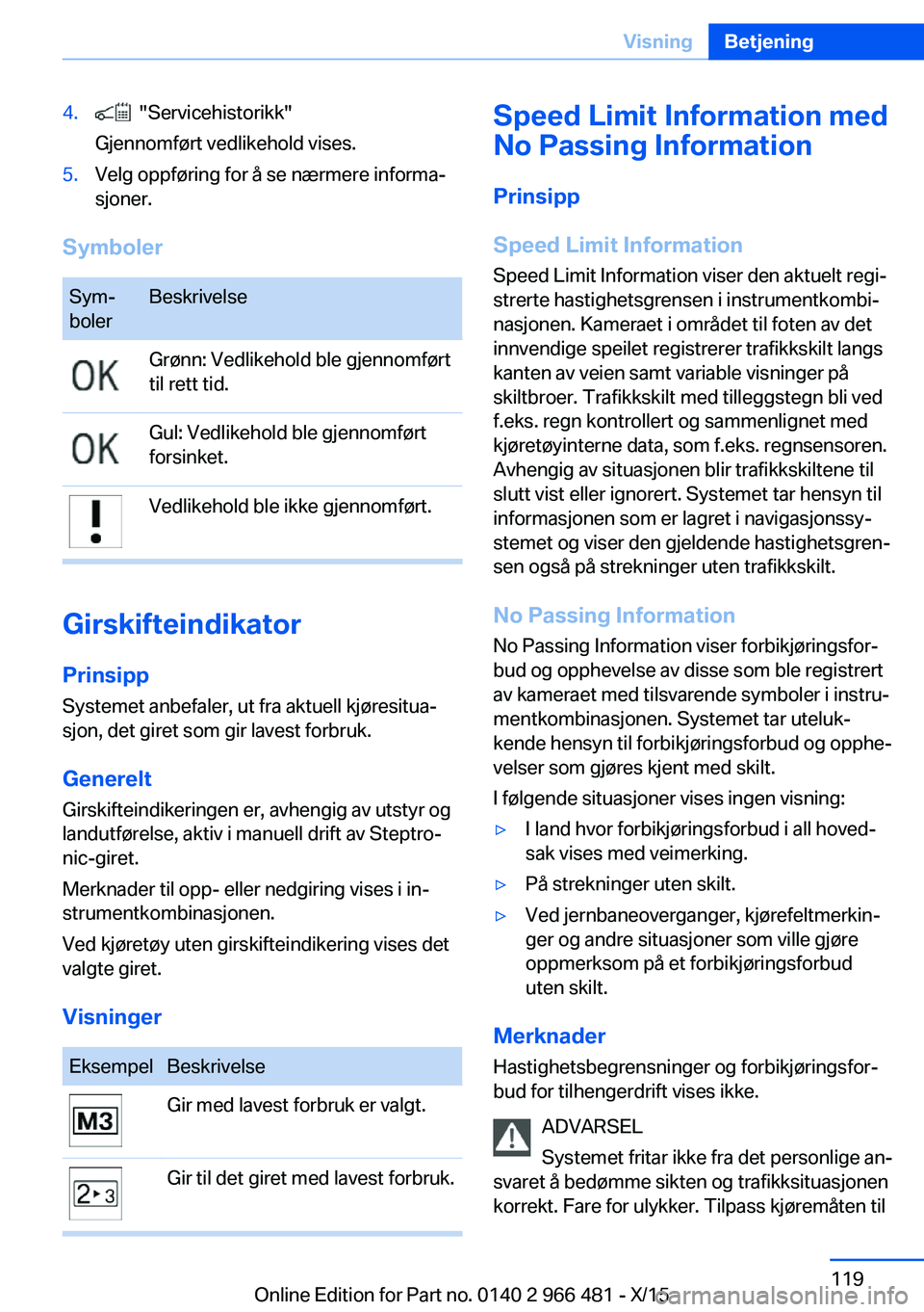 BMW 7 SERIES 2016 InstruksjonsbØker (in Norwegian) 4. "Servicehistorikk"
Gjennomført vedlikehold vises.5.Velg oppføring for å se nærmere informa‐
sjoner.
Symboler
Sym‐
bolerBeskrivelseGrønn: Vedlikehold ble gjennomført
til rett tid. BMW 7 SERIES 2016 InstruksjonsbØker (in Norwegian) 4. "Servicehistorikk"
Gjennomført vedlikehold vises.5.Velg oppføring for å se nærmere informa‐
sjoner.
Symboler
Sym‐
bolerBeskrivelseGrønn: Vedlikehold ble gjennomført
til rett tid.
