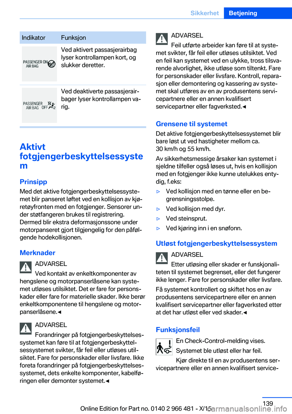 BMW 7 SERIES 2016 InstruksjonsbØker (in Norwegian) IndikatorFunksjonVed aktivert passasjerairbag
lyser kontrollampen kort, og
slukker deretter.Ved deaktiverte passasjerair‐
bager lyser kontrollampen va‐
rig.
Aktivt
fotgjengerbeskyttelsessyste
m
Pr BMW 7 SERIES 2016 InstruksjonsbØker (in Norwegian) IndikatorFunksjonVed aktivert passasjerairbag
lyser kontrollampen kort, og
slukker deretter.Ved deaktiverte passasjerair‐
bager lyser kontrollampen va‐
rig.
Aktivt
fotgjengerbeskyttelsessyste
m
Pr