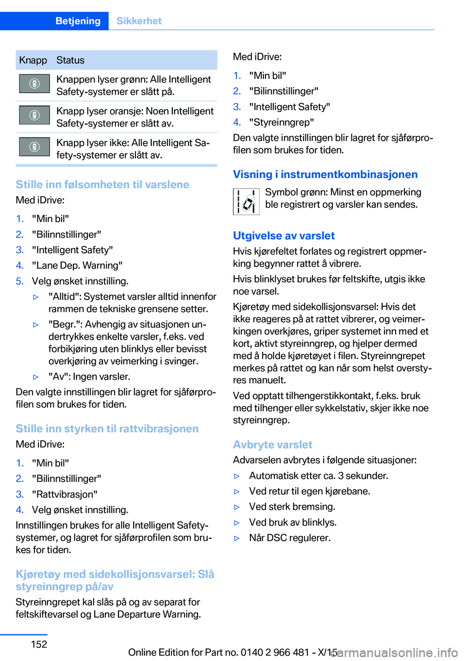 BMW 7 SERIES 2016 InstruksjonsbØker (in Norwegian) KnappStatusKnappen lyser grønn: Alle Intelligent
Safety-systemer er slått på.Knapp lyser oransje: Noen Intelligent
Safety-systemer er slått av.Knapp lyser ikke: Alle Intelligent Sa‐
fety-systeme BMW 7 SERIES 2016 InstruksjonsbØker (in Norwegian) KnappStatusKnappen lyser grønn: Alle Intelligent
Safety-systemer er slått på.Knapp lyser oransje: Noen Intelligent
Safety-systemer er slått av.Knapp lyser ikke: Alle Intelligent Sa‐
fety-systeme