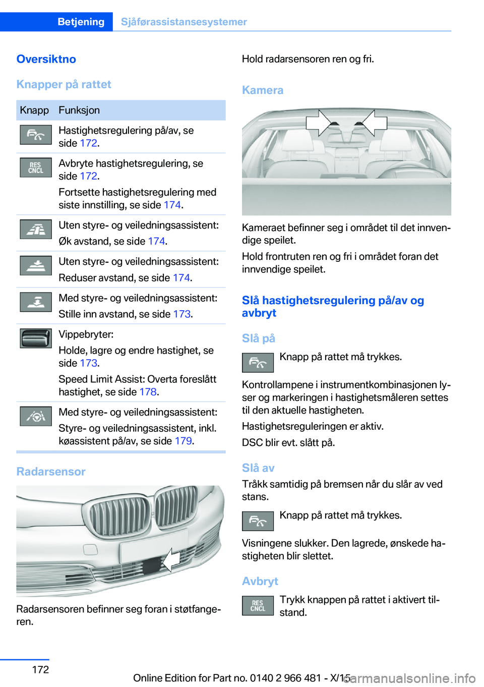 BMW 7 SERIES 2016  InstruksjonsbØker (in Norwegian) Oversiktno
Knapper på rattetKnappFunksjonHastighetsregulering på/av, se
side  172.Avbryte hastighetsregulering, se
side  172.
Fortsette hastighetsregulering med
siste innstilling, se side  174.Uten 