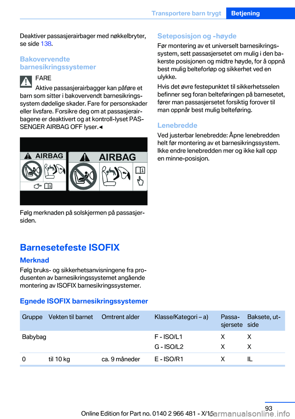 BMW 7 SERIES 2016 InstruksjonsbØker (in Norwegian) Deaktiver passasjerairbager med nøkkelbryter,
se side 138.
Bakovervendte barnesikringssystemer
FARE
Aktive passasjerairbagger kan påføre et
barn som sitter i bakovervendt barnesikrings‐
system d BMW 7 SERIES 2016 InstruksjonsbØker (in Norwegian) Deaktiver passasjerairbager med nøkkelbryter,
se side 138.
Bakovervendte barnesikringssystemer
FARE
Aktive passasjerairbagger kan påføre et
barn som sitter i bakovervendt barnesikrings‐
system d