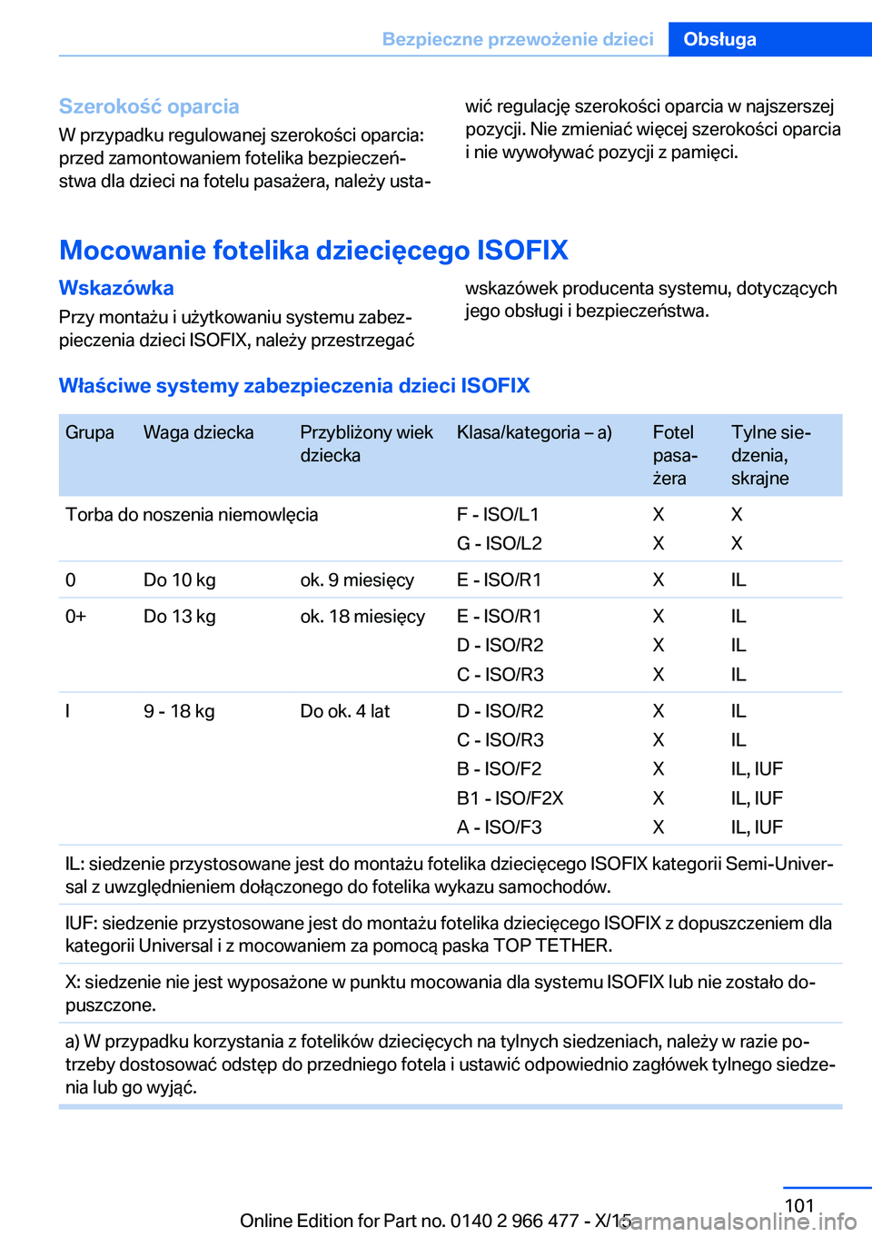 BMW 7 SERIES 2016 Instrukcja obsługi (in Polish) Szerokość oparciaW przypadku regulowanej szerokości oparcia:
przed zamontowaniem fotelika bezpieczeń‐
stwa dla dzieci na fotelu pasażera, należy usta‐wić regulację szerokości oparcia w na BMW 7 SERIES 2016 Instrukcja obsługi (in Polish) Szerokość oparciaW przypadku regulowanej szerokości oparcia:
przed zamontowaniem fotelika bezpieczeń‐
stwa dla dzieci na fotelu pasażera, należy usta‐wić regulację szerokości oparcia w na