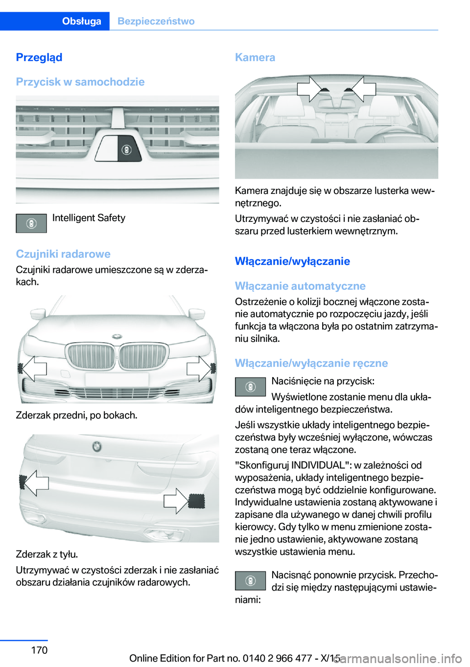 BMW 7 SERIES 2016  Instrukcja obsługi (in Polish) Przegląd
Przycisk w samochodzie
Intelligent Safety
Czujniki radarowe Czujniki radarowe umieszczone są w zderza‐
kach.
Zderzak przedni, po bokach.
Zderzak z tyłu.
Utrzymywać w czystości zderzak 