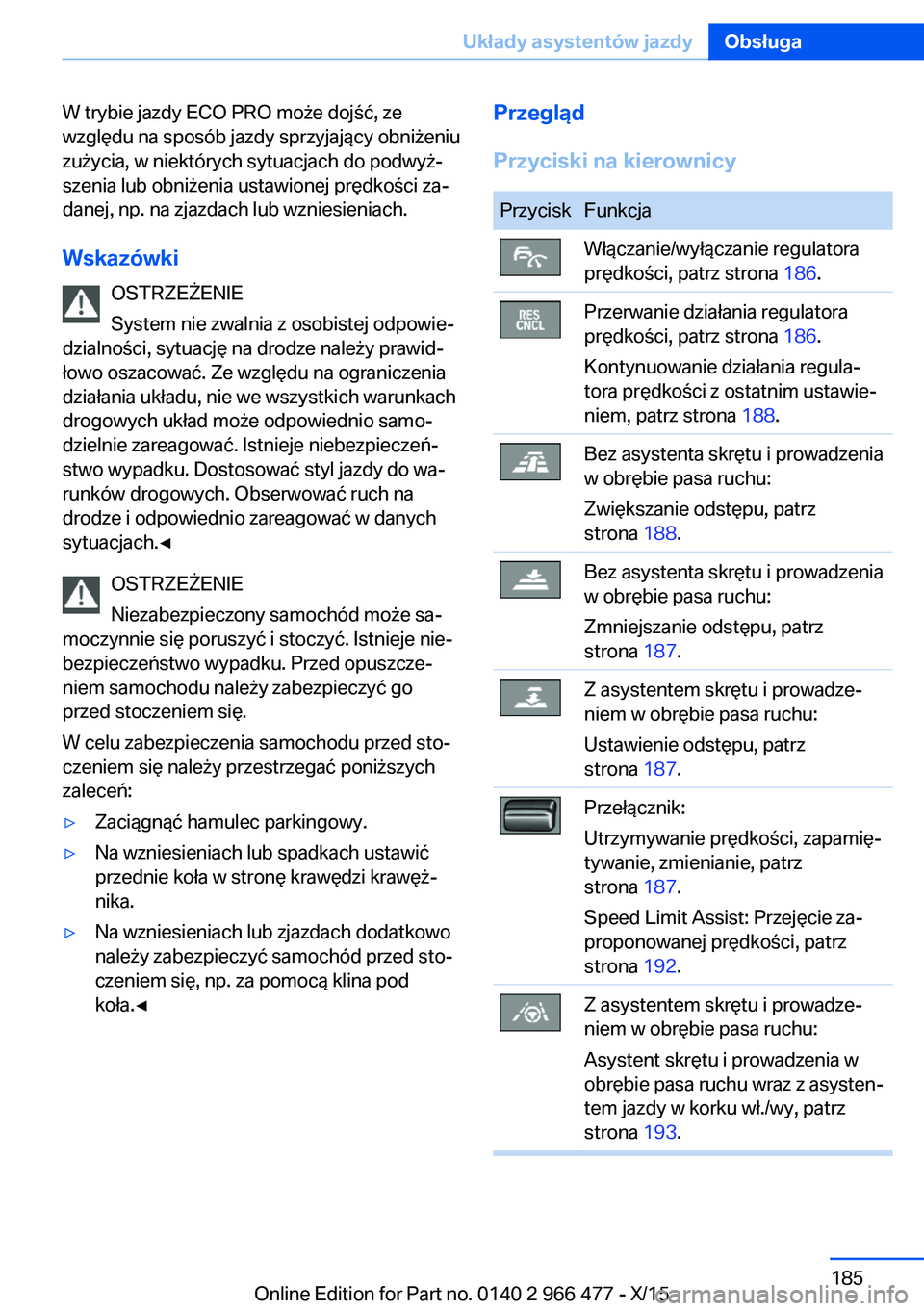 BMW 7 SERIES 2016 Instrukcja obsługi (in Polish) W trybie jazdy ECO PRO może dojść, ze
względu na sposób jazdy sprzyjający obniżeniu
zużycia, w niektórych sytuacjach do podwyż‐
szenia lub obniżenia ustawionej prędkości za‐
danej, np BMW 7 SERIES 2016 Instrukcja obsługi (in Polish) W trybie jazdy ECO PRO może dojść, ze
względu na sposób jazdy sprzyjający obniżeniu
zużycia, w niektórych sytuacjach do podwyż‐
szenia lub obniżenia ustawionej prędkości za‐
danej, np