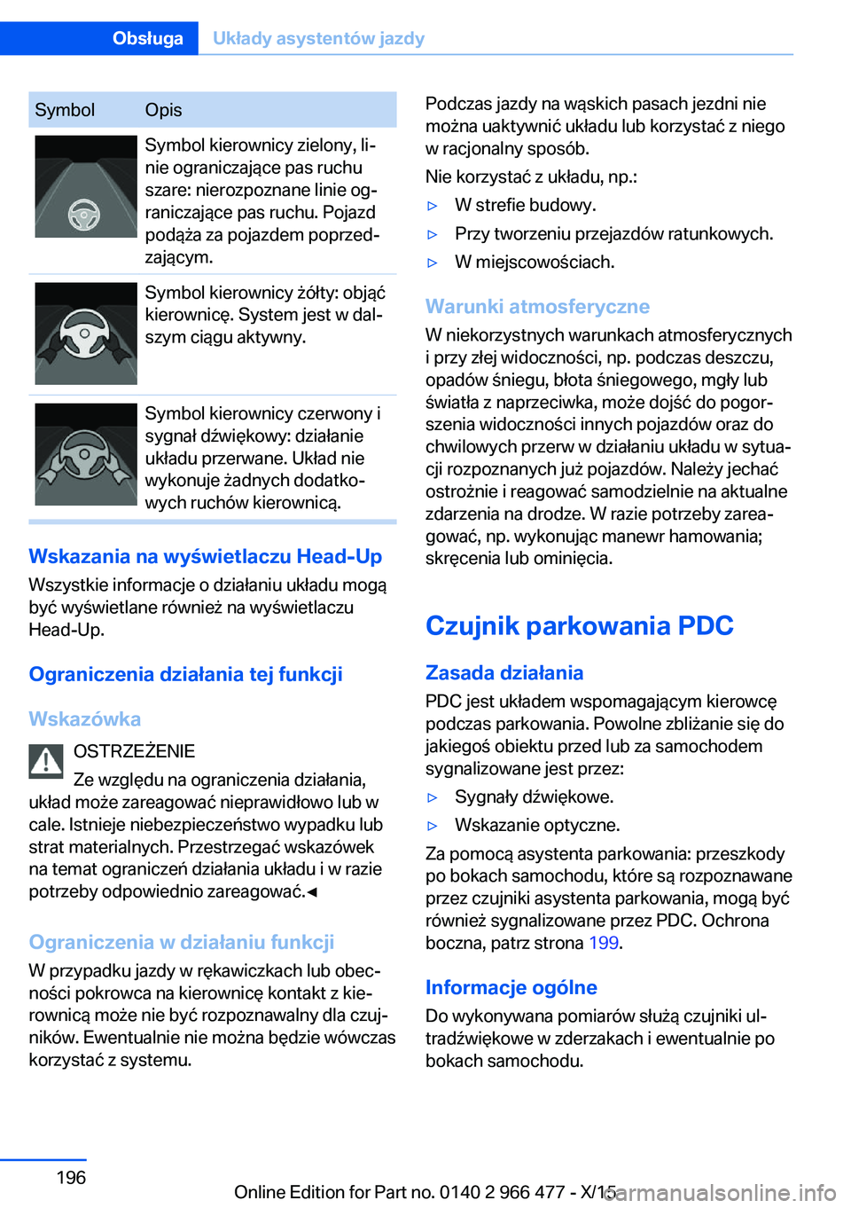BMW 7 SERIES 2016 Instrukcja obsługi (in Polish) SymbolOpisSymbol kierownicy zielony, li‐
nie ograniczające pas ruchu
szare: nierozpoznane linie og‐
raniczające pas ruchu. Pojazd
podąża za pojazdem poprzed‐
zającym.Symbol kierownicy żó BMW 7 SERIES 2016 Instrukcja obsługi (in Polish) SymbolOpisSymbol kierownicy zielony, li‐
nie ograniczające pas ruchu
szare: nierozpoznane linie og‐
raniczające pas ruchu. Pojazd
podąża za pojazdem poprzed‐
zającym.Symbol kierownicy żó