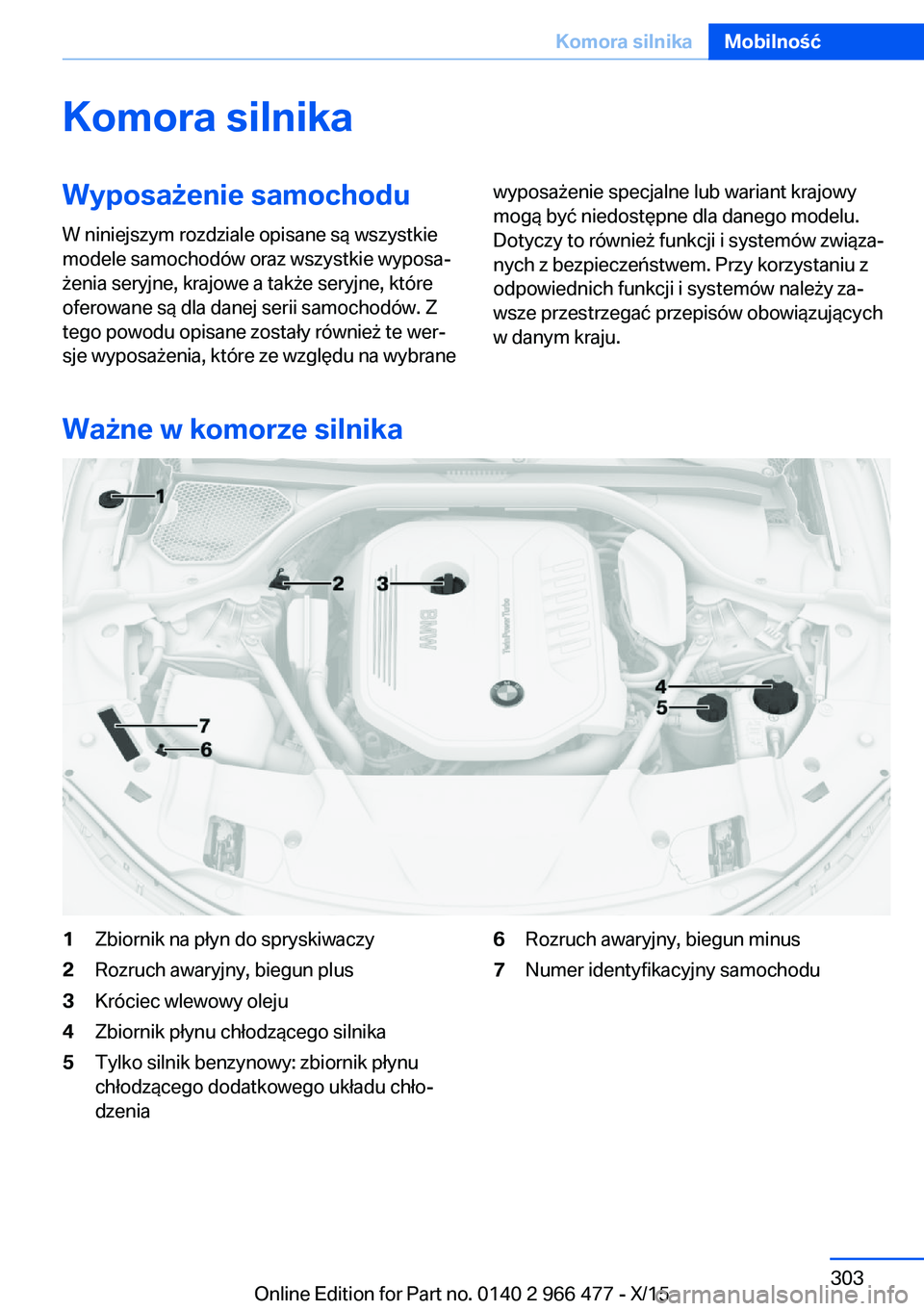 BMW 7 SERIES 2016 Instrukcja obsługi (in Polish) Komora silnikaWyposażenie samochodu
W niniejszym rozdziale opisane są wszystkie
modele samochodów oraz wszystkie wyposa‐
żenia seryjne, krajowe a także seryjne, które
oferowane są dla danej s BMW 7 SERIES 2016 Instrukcja obsługi (in Polish) Komora silnikaWyposażenie samochodu
W niniejszym rozdziale opisane są wszystkie
modele samochodów oraz wszystkie wyposa‐
żenia seryjne, krajowe a także seryjne, które
oferowane są dla danej s