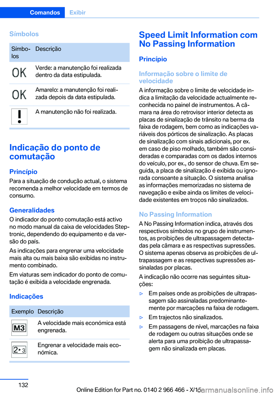 BMW 7 SERIES 2016 Manual do condutor (in Portuguese) SímbolosSímbo‐
losDescriçãoVerde: a manutenção foi realizada
dentro da data estipulada.Amarelo: a manutenção foi reali‐
zada depois da data estipulada.A manutenção não foi realizada.
In BMW 7 SERIES 2016 Manual do condutor (in Portuguese) SímbolosSímbo‐
losDescriçãoVerde: a manutenção foi realizada
dentro da data estipulada.Amarelo: a manutenção foi reali‐
zada depois da data estipulada.A manutenção não foi realizada.
In