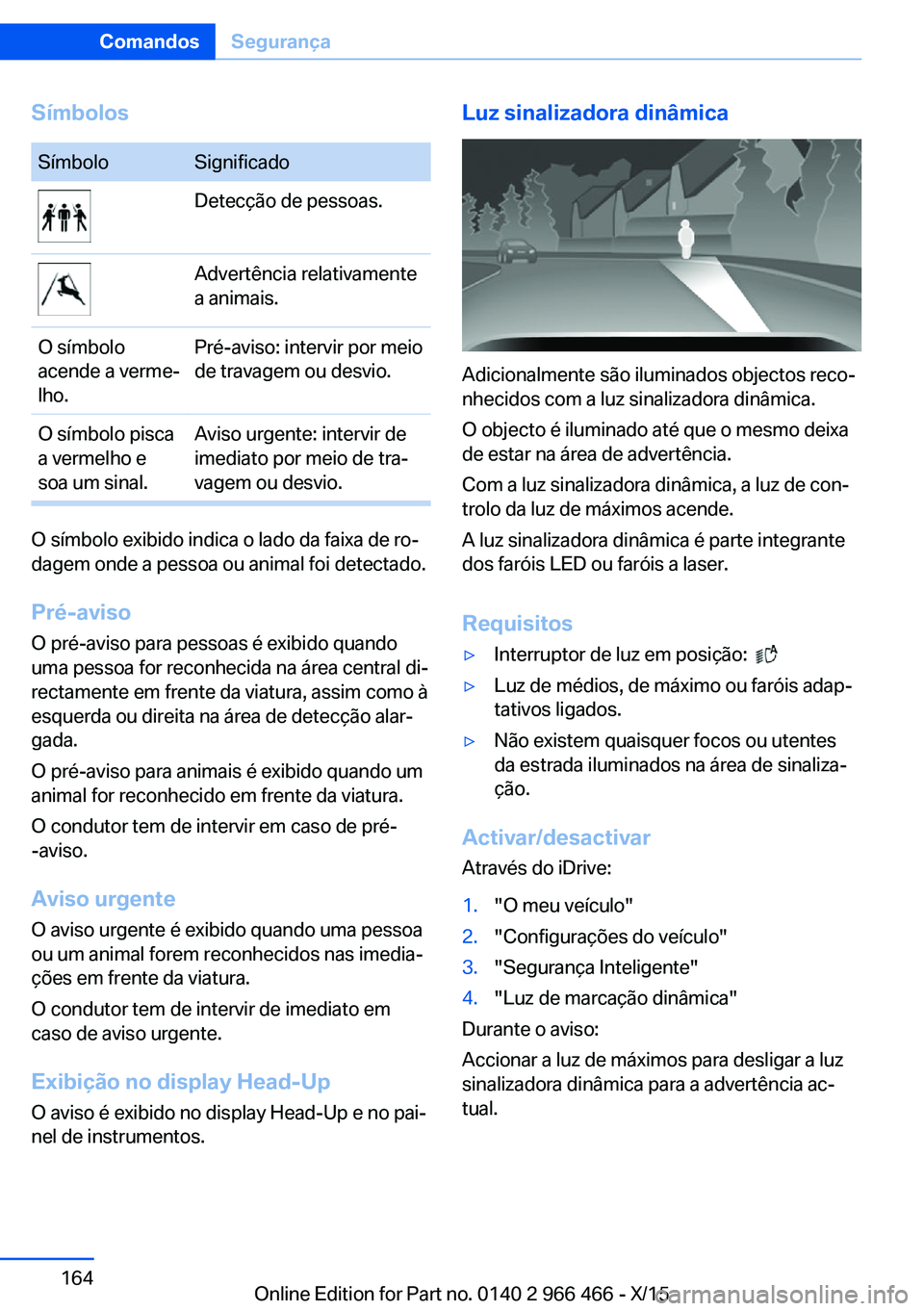 BMW 7 SERIES 2016 Manual do condutor (in Portuguese) SímbolosSímboloSignificadoDetecção de pessoas.Advertência relativamente
a animais.O símbolo
acende a verme‐
lho.Pré-aviso: intervir por meio
de travagem ou desvio.O símbolo pisca
a vermelho BMW 7 SERIES 2016 Manual do condutor (in Portuguese) SímbolosSímboloSignificadoDetecção de pessoas.Advertência relativamente
a animais.O símbolo
acende a verme‐
lho.Pré-aviso: intervir por meio
de travagem ou desvio.O símbolo pisca
a vermelho