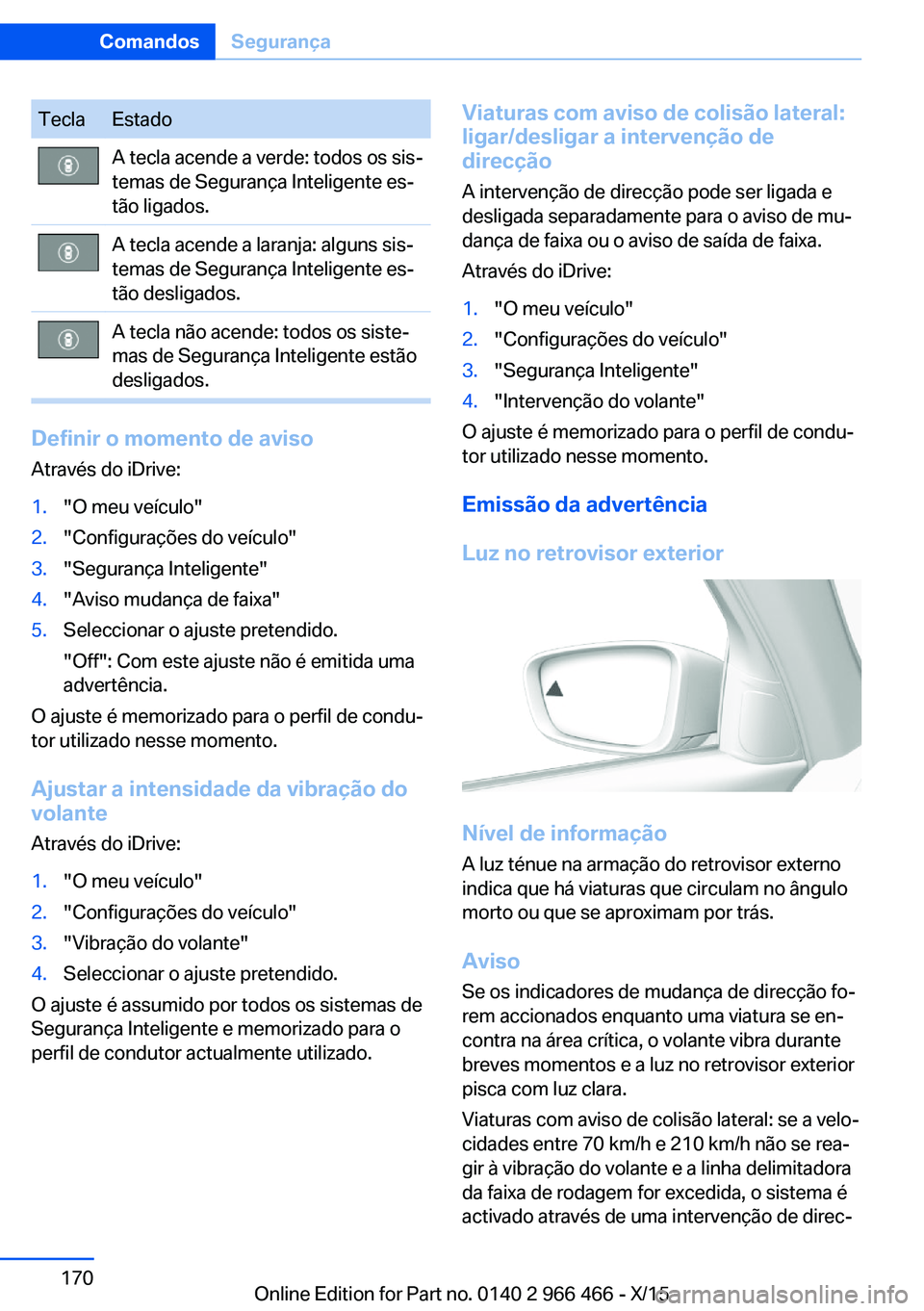 BMW 7 SERIES 2016 Manual do condutor (in Portuguese) TeclaEstadoA tecla acende a verde: todos os sis‐
temas de Segurança Inteligente es‐
tão ligados.A tecla acende a laranja: alguns sis‐
temas de Segurança Inteligente es‐
tão desligados.A te BMW 7 SERIES 2016 Manual do condutor (in Portuguese) TeclaEstadoA tecla acende a verde: todos os sis‐
temas de Segurança Inteligente es‐
tão ligados.A tecla acende a laranja: alguns sis‐
temas de Segurança Inteligente es‐
tão desligados.A te