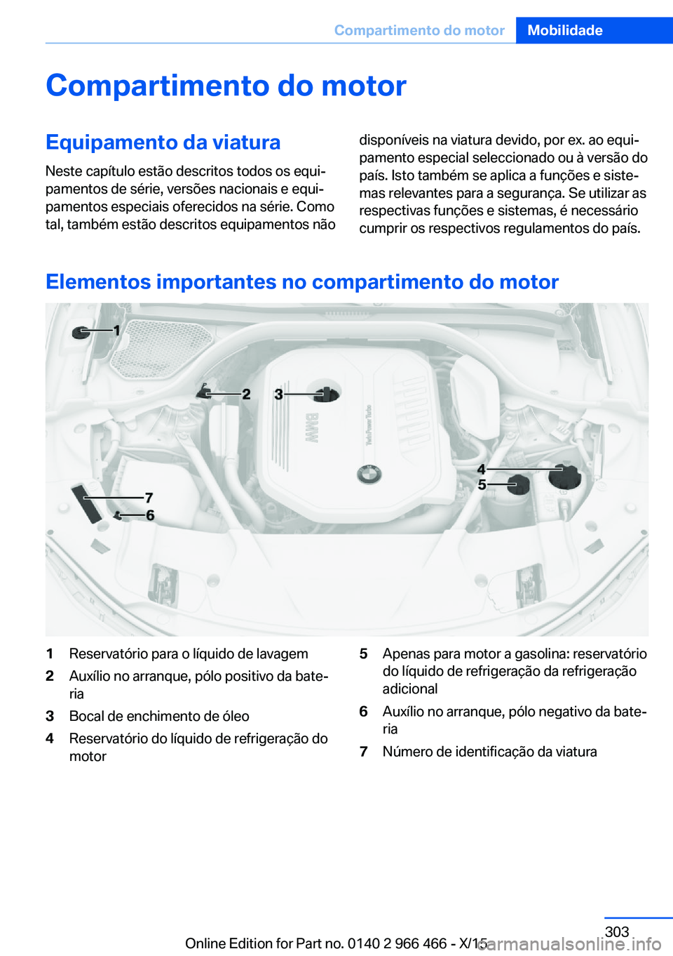 BMW 7 SERIES 2016 Manual do condutor (in Portuguese) Compartimento do motorEquipamento da viaturaNeste capítulo estão descritos todos os equi‐
pamentos de série, versões nacionais e equi‐
pamentos especiais oferecidos na série. Como
tal, també BMW 7 SERIES 2016 Manual do condutor (in Portuguese) Compartimento do motorEquipamento da viaturaNeste capítulo estão descritos todos os equi‐
pamentos de série, versões nacionais e equi‐
pamentos especiais oferecidos na série. Como
tal, també