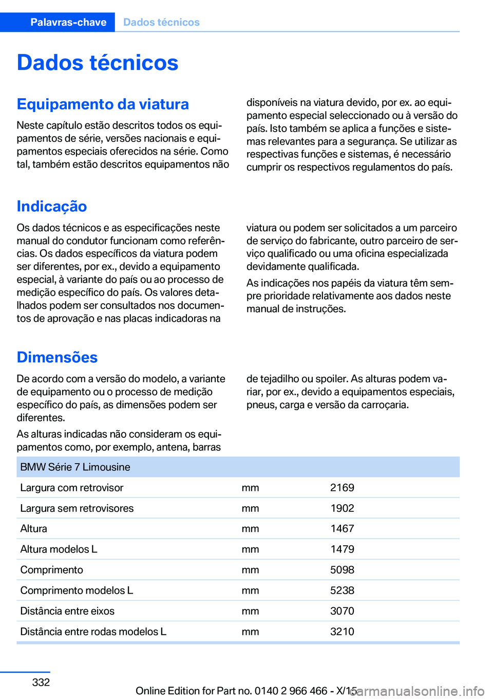 BMW 7 SERIES 2016 Manual do condutor (in Portuguese) Dados técnicosEquipamento da viatura
Neste capítulo estão descritos todos os equi‐
pamentos de série, versões nacionais e equi‐
pamentos especiais oferecidos na série. Como
tal, também est BMW 7 SERIES 2016 Manual do condutor (in Portuguese) Dados técnicosEquipamento da viatura
Neste capítulo estão descritos todos os equi‐
pamentos de série, versões nacionais e equi‐
pamentos especiais oferecidos na série. Como
tal, também est