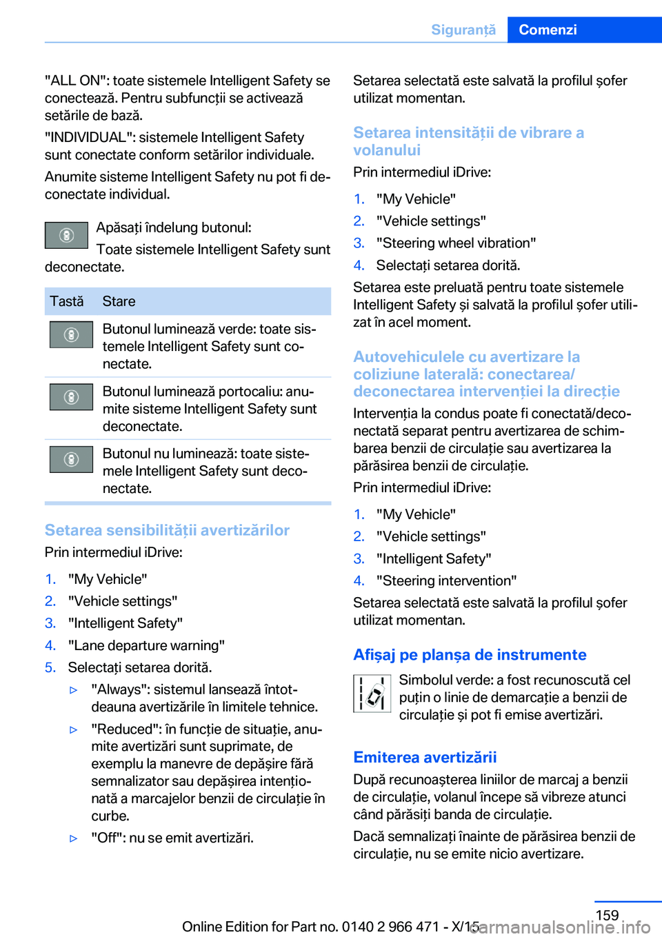 BMW 7 SERIES 2016 Ghiduri De Utilizare (in Romanian) "ALL ON": toate sistemele Intelligent Safety se
conectează. Pentru subfuncţii se activează
setările de bază.
"INDIVIDUAL": sistemele Intelligent Safety
sunt conectate conform set BMW 7 SERIES 2016 Ghiduri De Utilizare (in Romanian) "ALL ON": toate sistemele Intelligent Safety se
conectează. Pentru subfuncţii se activează
setările de bază.
"INDIVIDUAL": sistemele Intelligent Safety
sunt conectate conform set