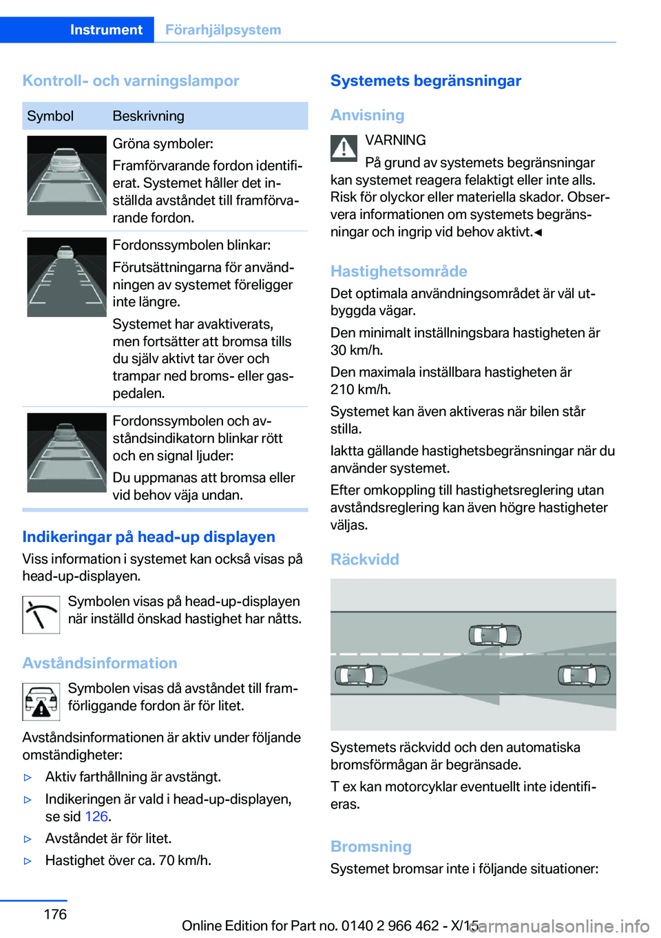 BMW 7 SERIES 2016 InstruktionsbÖcker (in Swedish) Kontroll- och varningslamporSymbolBeskrivningGröna symboler:
Framförvarande fordon identifi‐
erat. Systemet håller det in‐
ställda avståndet till framförva‐
rande fordon.Fordonssymbolen bl BMW 7 SERIES 2016 InstruktionsbÖcker (in Swedish) Kontroll- och varningslamporSymbolBeskrivningGröna symboler:
Framförvarande fordon identifi‐
erat. Systemet håller det in‐
ställda avståndet till framförva‐
rande fordon.Fordonssymbolen bl