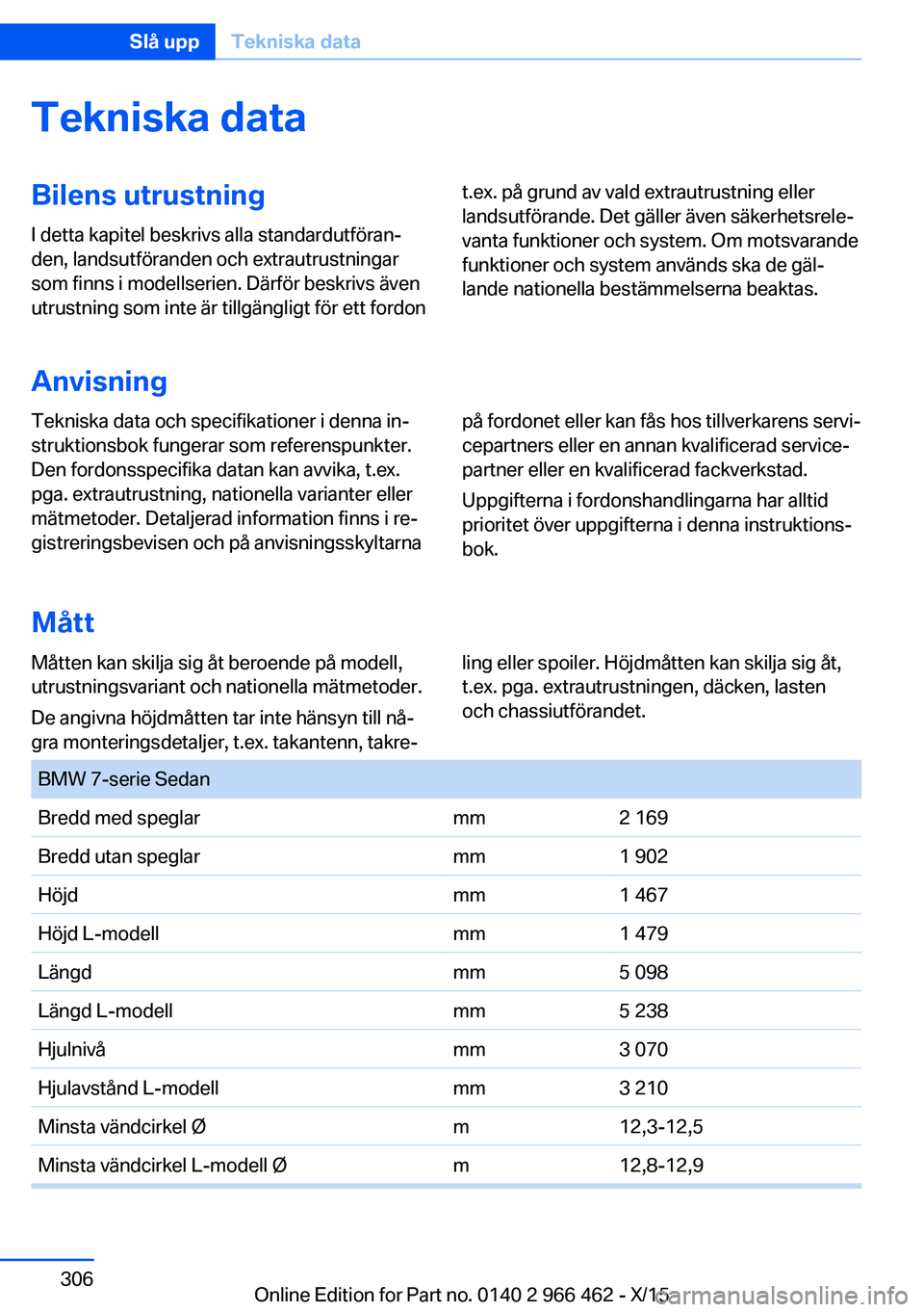 BMW 7 SERIES 2016  InstruktionsbÖcker (in Swedish) Tekniska dataBilens utrustningI detta kapitel beskrivs alla standardutföran‐
den, landsutföranden och extrautrustningar
som finns i modellserien. Därför beskrivs även
utrustning som inte är ti