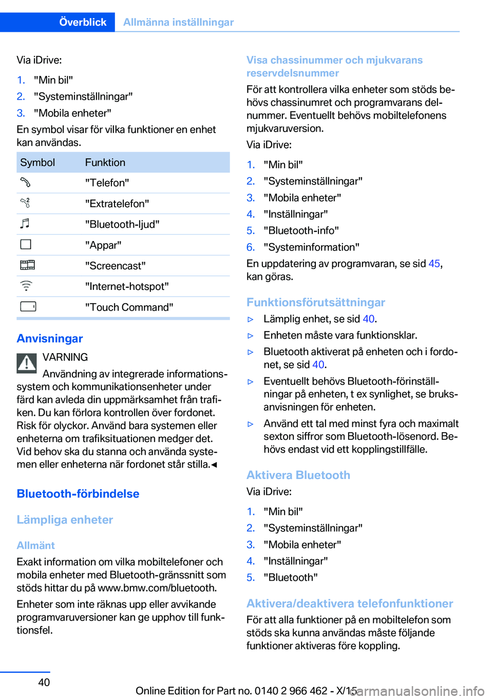 BMW 7 SERIES 2016 InstruktionsbÖcker (in Swedish) Via iDrive:1."Min bil"2."Systeminställningar"3."Mobila enheter"
En symbol visar för vilka funktioner en enhet
kan användas.
SymbolFunktion"Telefon""Extratelefon& BMW 7 SERIES 2016 InstruktionsbÖcker (in Swedish) Via iDrive:1."Min bil"2."Systeminställningar"3."Mobila enheter"
En symbol visar för vilka funktioner en enhet
kan användas.
SymbolFunktion"Telefon""Extratelefon&