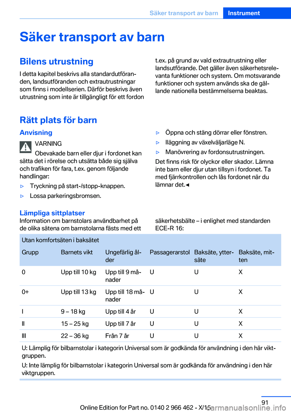 BMW 7 SERIES 2016  InstruktionsbÖcker (in Swedish) Säker transport av barnBilens utrustning
I detta kapitel beskrivs alla standardutföran‐
den, landsutföranden och extrautrustningar
som finns i modellserien. Därför beskrivs även
utrustning som