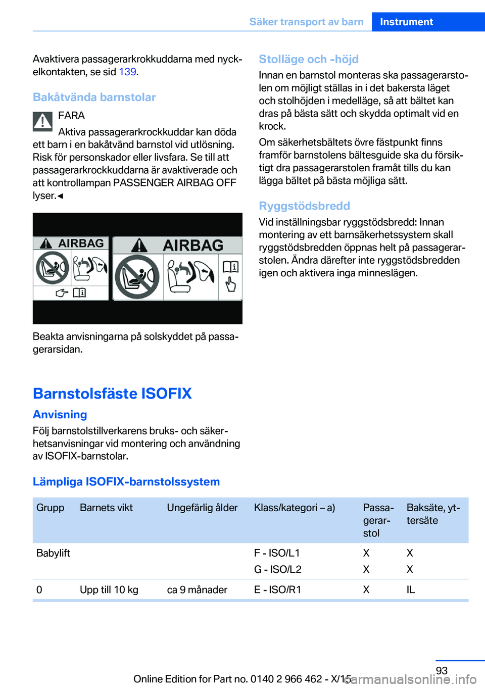 BMW 7 SERIES 2016 InstruktionsbÖcker (in Swedish) Avaktivera passagerarkrokkuddarna med nyck‐
elkontakten, se sid 139.
Bakåtvända barnstolar FARA
Aktiva passagerarkrockkuddar kan döda
ett barn i en bakåtvänd barnstol vid utlösning.
Risk för BMW 7 SERIES 2016 InstruktionsbÖcker (in Swedish) Avaktivera passagerarkrokkuddarna med nyck‐
elkontakten, se sid 139.
Bakåtvända barnstolar FARA
Aktiva passagerarkrockkuddar kan döda
ett barn i en bakåtvänd barnstol vid utlösning.
Risk för