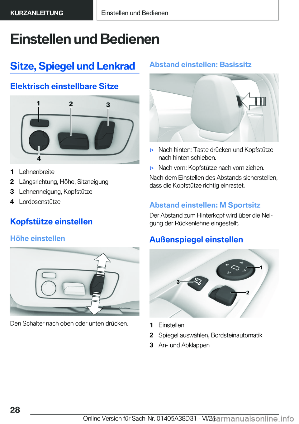 BMW 8 SERIES 2022  Betriebsanleitungen (in German) �E�i�n�s�t�e�l�l�e�n��u�n�d��B�e�d�i�e�n�e�n�S�i�t�z�e�,��S�p�i�e�g�e�l��u�n�d��L�e�n�k�r�a�d
�E�l�e�k�t�r�i�s�c�h��e�i�n�s�t�e�l�l�b�a�r�e��S�i�t�z�e
�1�L�e�h�n�e�n�b�r�e�i�t�e�2�L�