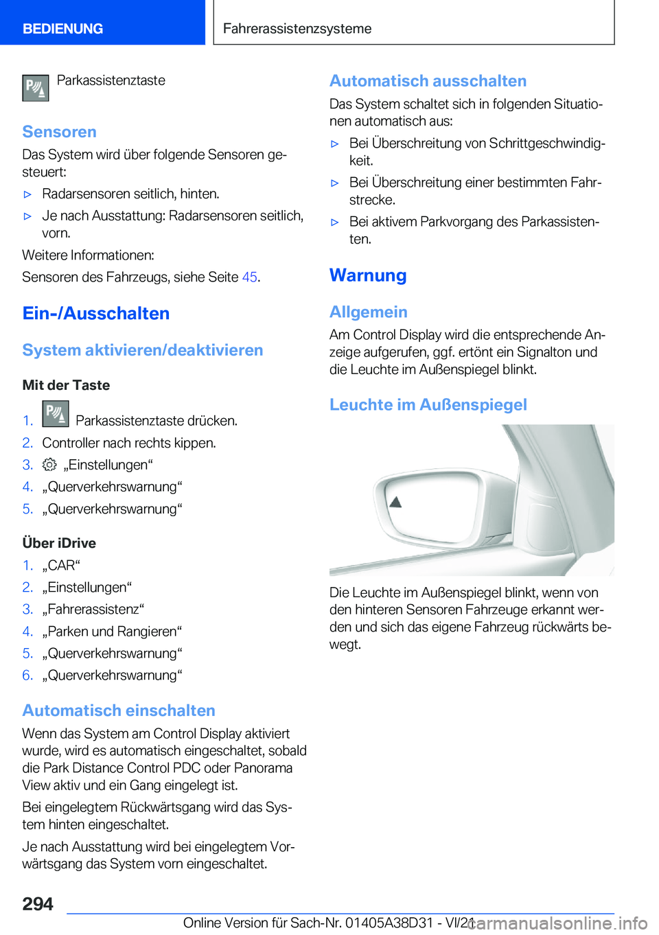 BMW 8 SERIES 2022  Betriebsanleitungen (in German) �P�a�r�k�a�s�s�i�s�t�e�n�z�t�a�s�t�e
�S�e�n�s�o�r�e�n �D�a�s��S�y�s�t�e�m��w�i�r�d��