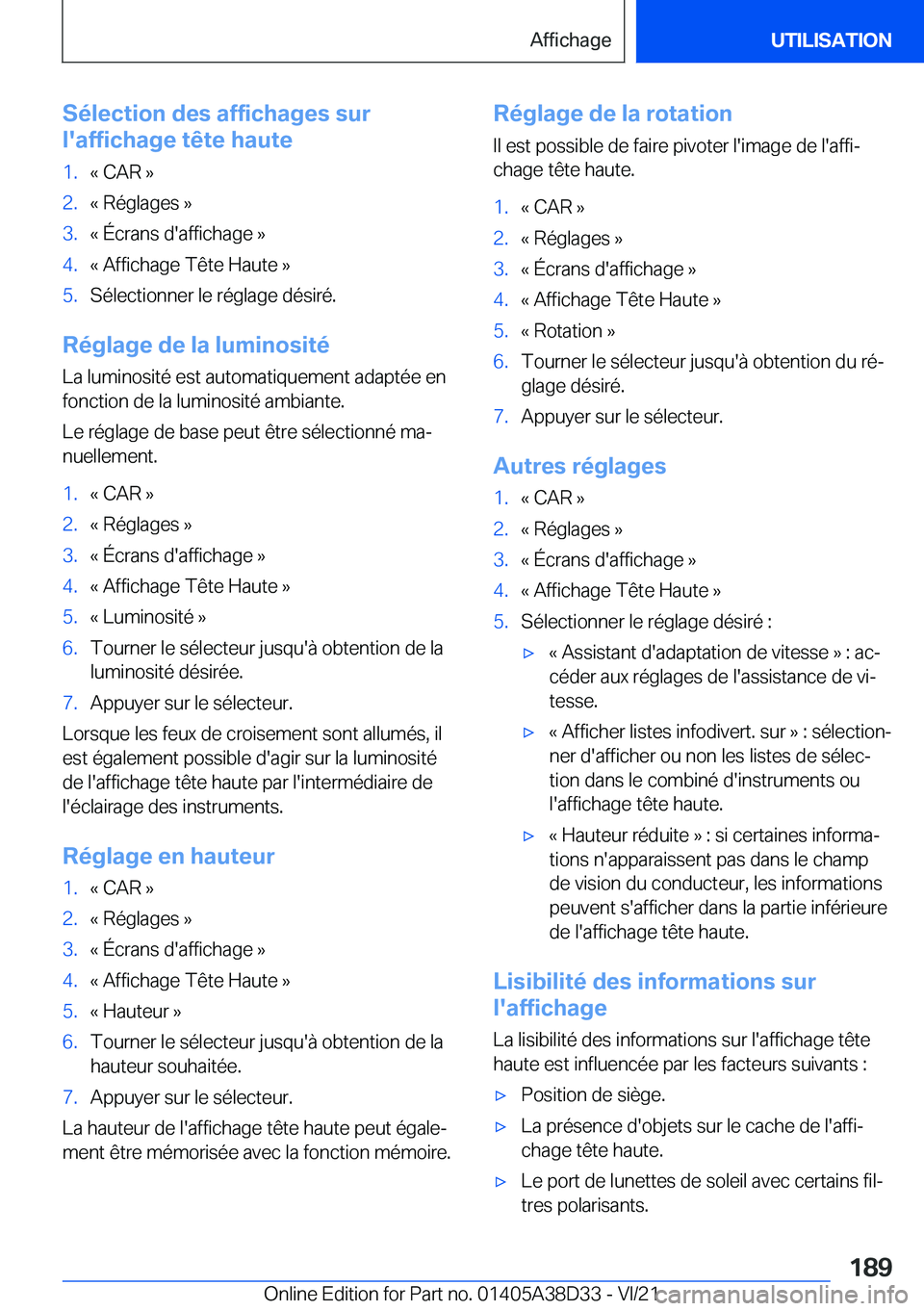 BMW 8 SERIES 2022  Notices Demploi (in French) �S�é�l�e�c�t�i�o�n��d�e�s��a�f�f�i�c�h�a�g�e�s��s�u�r
�l�'�a�f�f�i�c�h�a�g�e��t�ê�t�e��h�a�u�t�e�1�.�k��C�A�R��{�2�.�k��R�é�g�l�a�g�e�s��{�3�.�k��É�c�r�a�n�s��d�'�a�f�f�i�c�h�a�