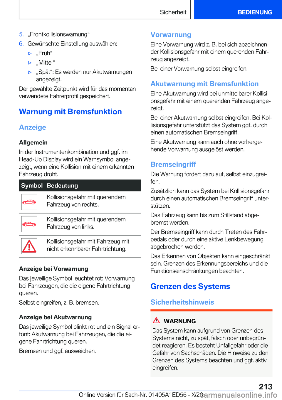 BMW 8 SERIES CONVERTIBLE 2021  Betriebsanleitungen (in German) �5�.x�F�r�o�n�t�k�o�l�l�i�s�i�o�n�s�w�a�r�n�u�n�gv�6�.�G�e�w�