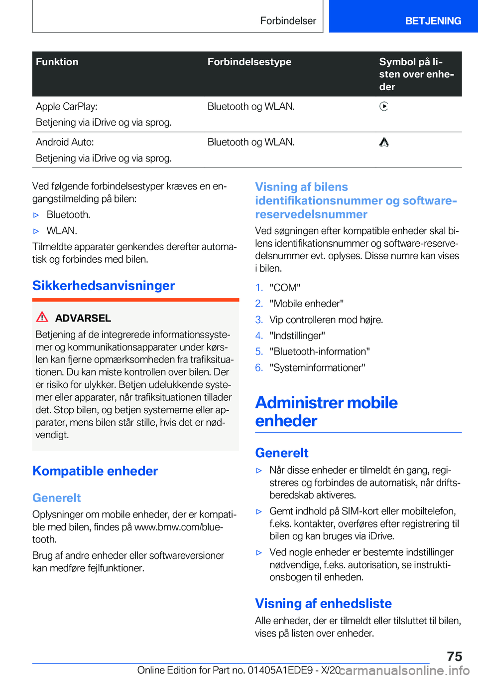 BMW 8 SERIES CONVERTIBLE 2021  InstruktionsbØger (in Danish) �F�u�n�k�t�i�o�n�F�o�r�b�i�n�d�e�l�s�e�s�t�y�p�e�S�y�m�b�o�l��p�å��l�ij
�s�t�e�n��o�v�e�r��e�n�h�ej
�d�e�r�A�p�p�l�e��C�a�r�P�l�a�y�:
�B�e�t�j�e�n�i�n�g��v�i�a��i�D�r�i�v�e��o�g��v�i�a��s