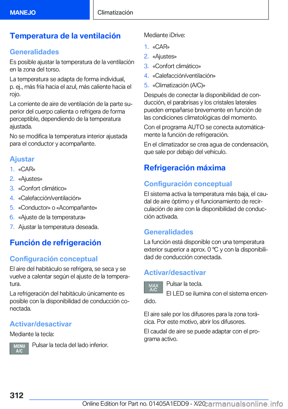 BMW 8 SERIES CONVERTIBLE 2021  Manuales de Empleo (in Spanish) �T�e�m�p�e�r�a�t�u�r�a��d�e��l�a��v�e�n�t�i�l�a�c�i�